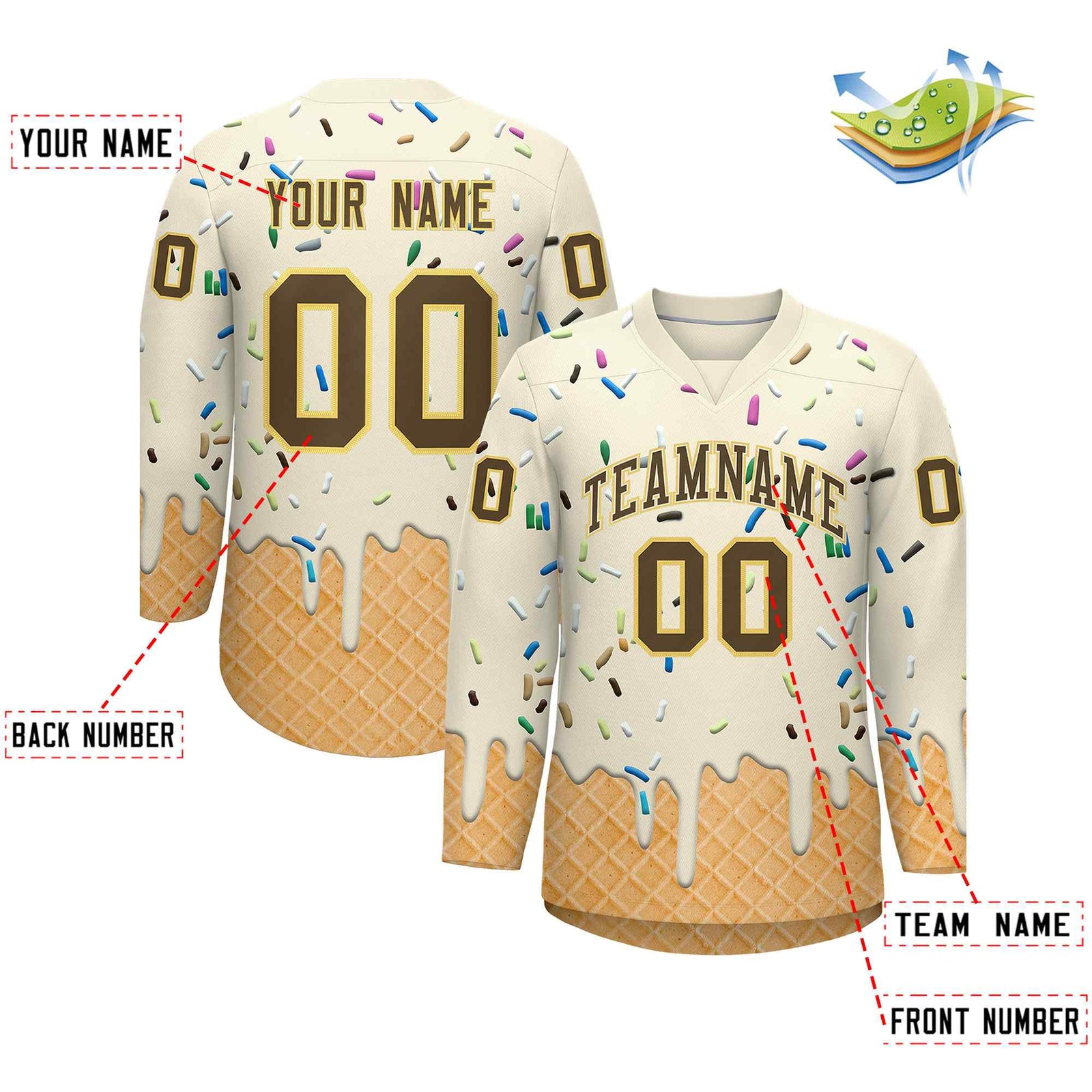Custom Cream Light Brown Ice Cream Pattern Personalized V-Neck Hockey Jersey