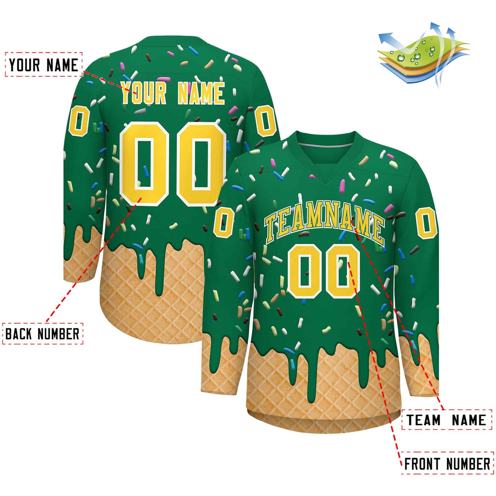 Custom Kelly Green Gold Ice Cream Pattern Personalized V-Neck Hockey Jersey