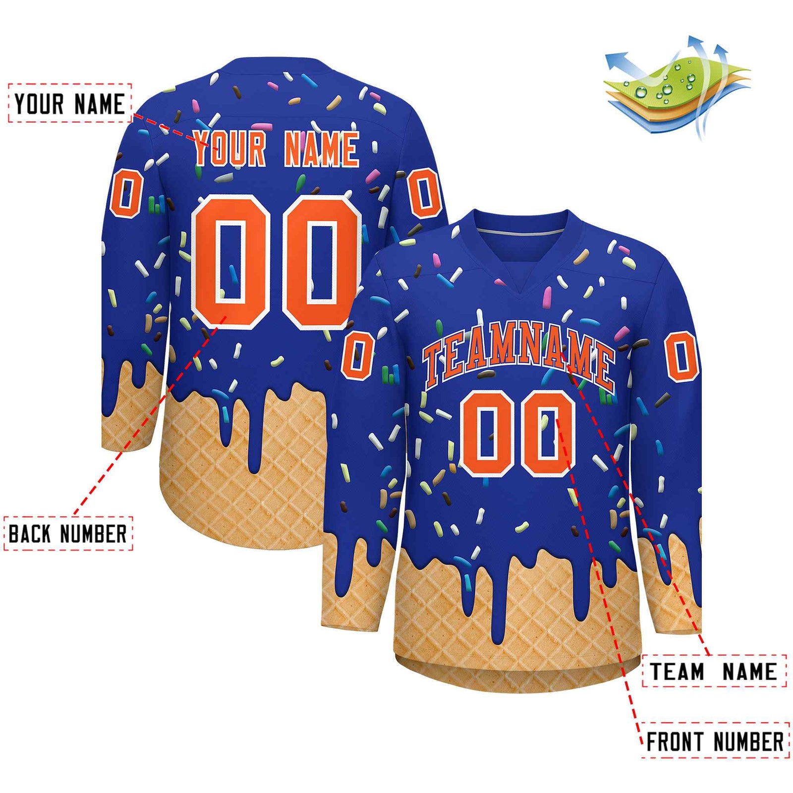 Custom Royal Blue Orange Ice Cream Pattern Personalized V-Neck Hockey Jersey