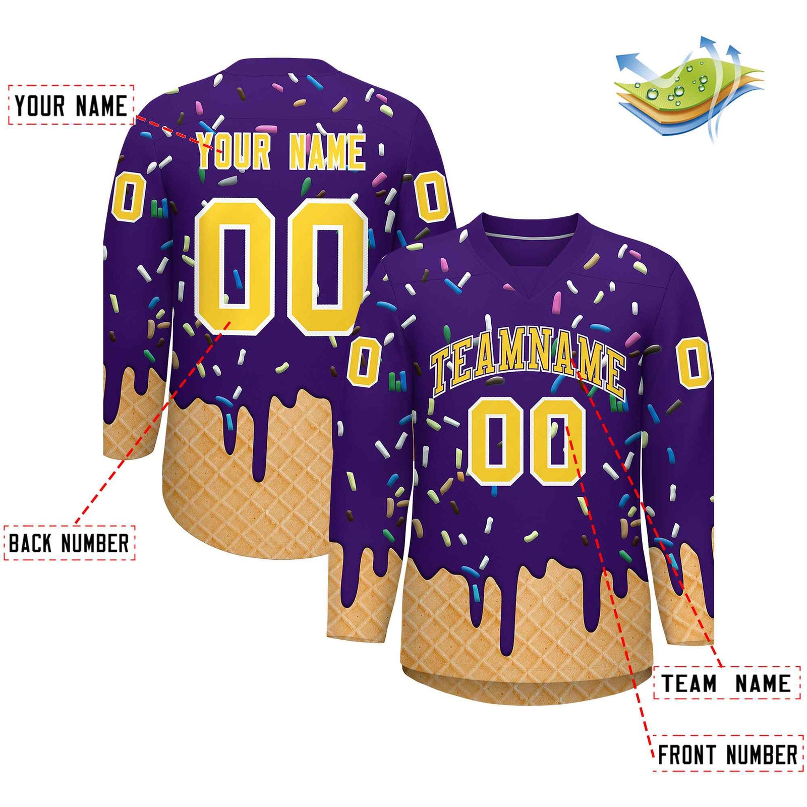 Custom Purple Gold Ice Cream Pattern Personalized V-Neck Hockey Jersey