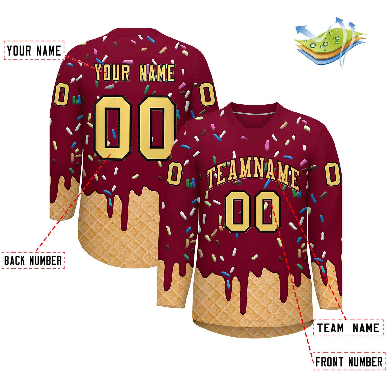 Custom Crimson Khaki Ice Cream Pattern Personalized V-Neck Hockey Jersey