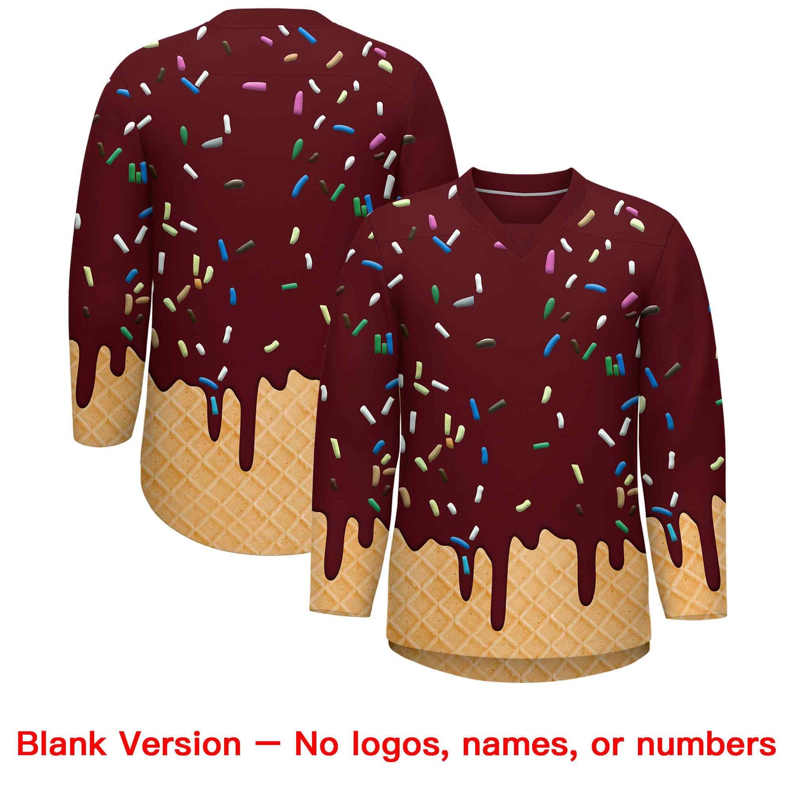 Custom Burgundy Gold Ice Cream Pattern Personalized V-Neck Hockey Jersey