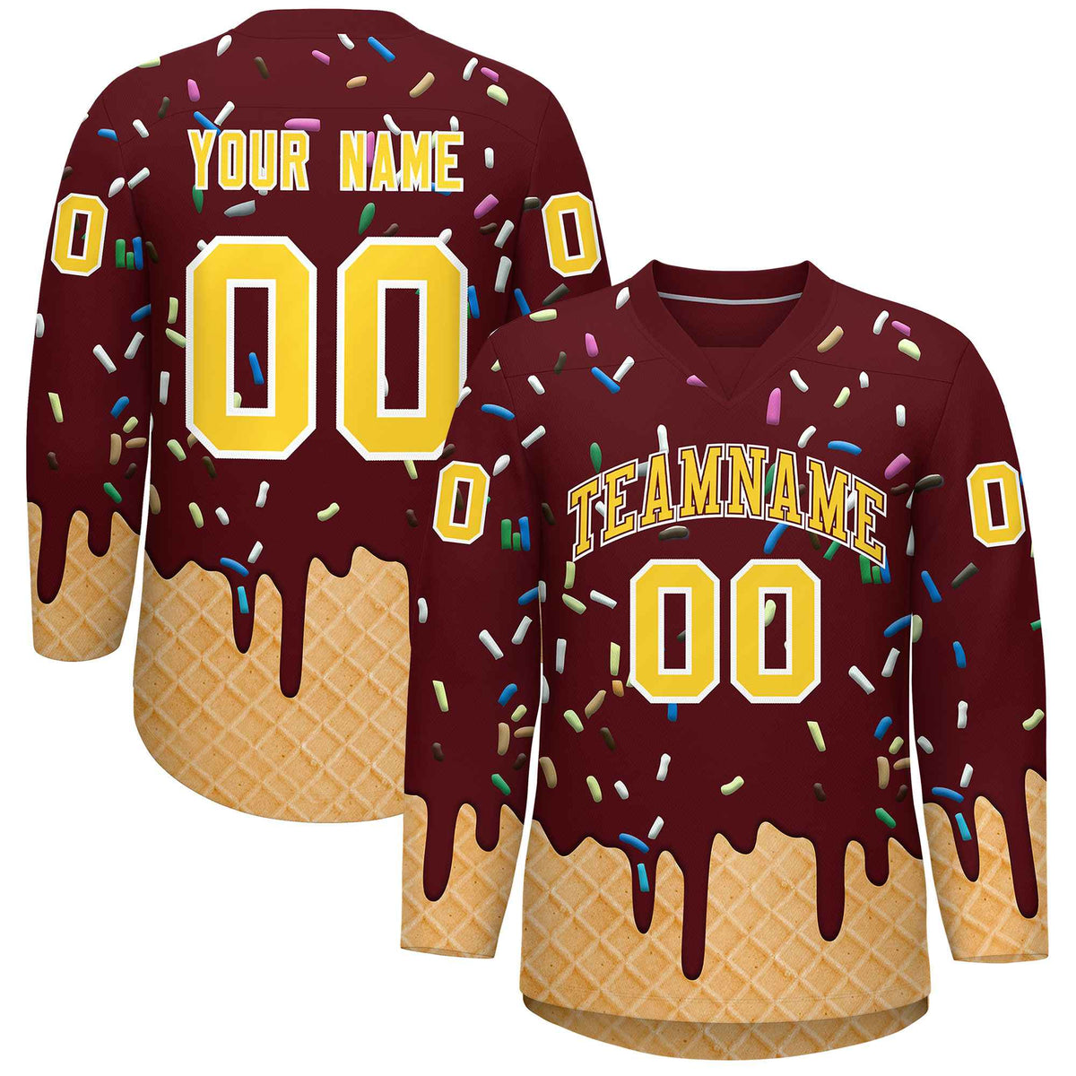 Custom Burgundy Gold Ice Cream Pattern Personalized V-Neck Hockey Jersey