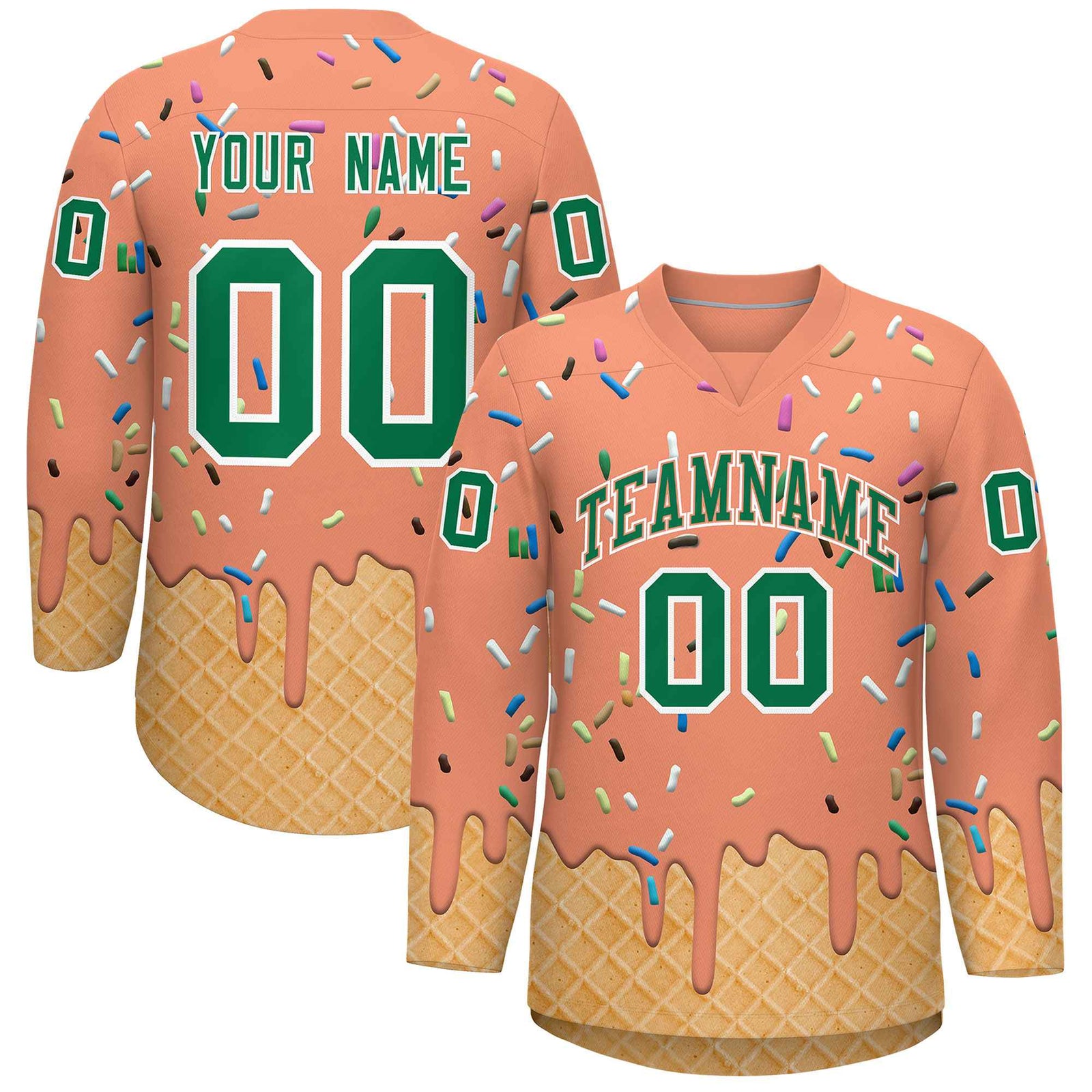 Custom Light Orange Kelly Green Ice Cream Pattern Personalized V-Neck Hockey Jersey