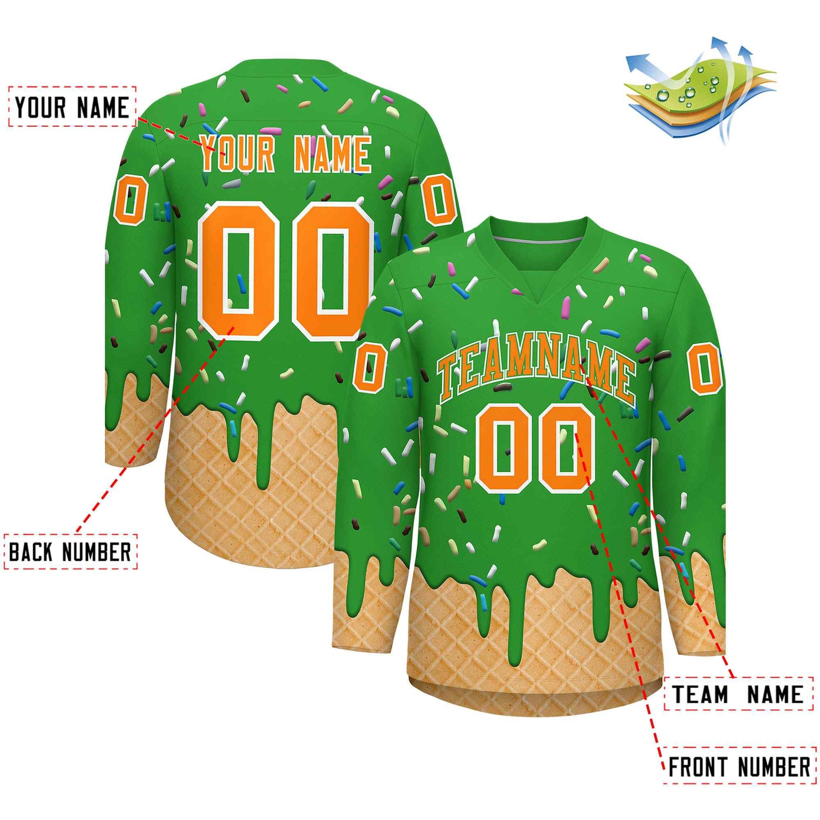 Custom Light Green Orange Ice Cream Pattern Personalized V-Neck Hockey Jersey