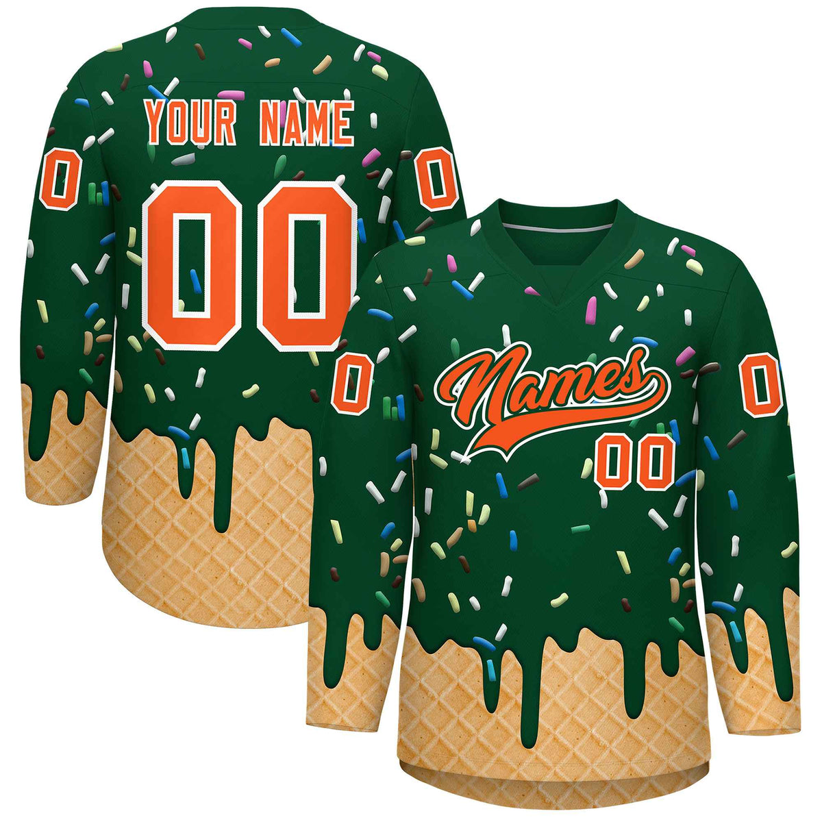 Custom Green Orange Ice Cream Pattern Personalized V-Neck Hockey Jersey