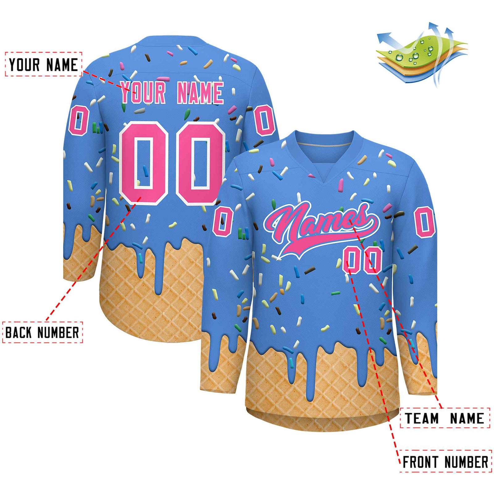 Custom Powder Blue Pink Ice Cream Pattern Personalized V-Neck Hockey Jersey
