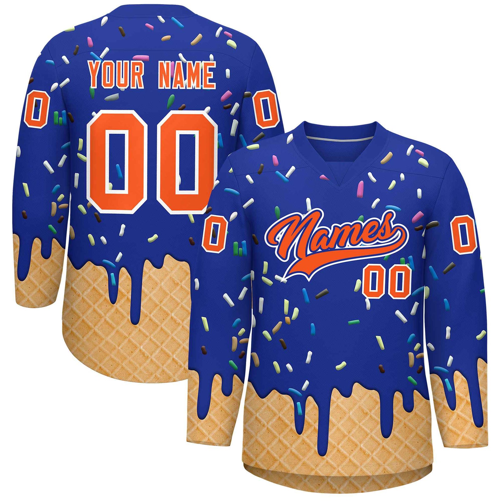 Custom Royal Blue Orange Ice Cream Pattern Personalized V-Neck Hockey Jersey