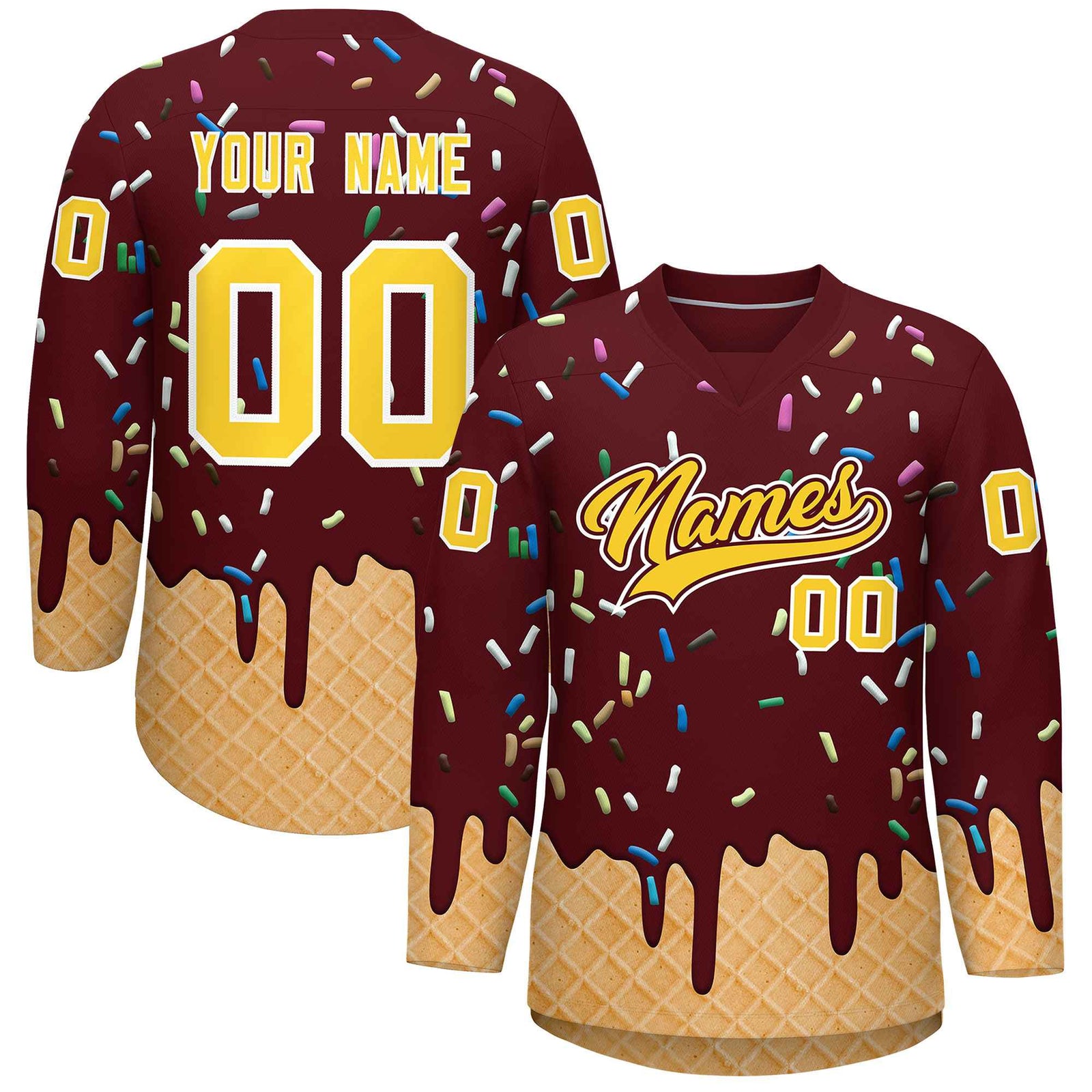 Custom Burgundy Gold Ice Cream Pattern Personalized V-Neck Hockey Jersey