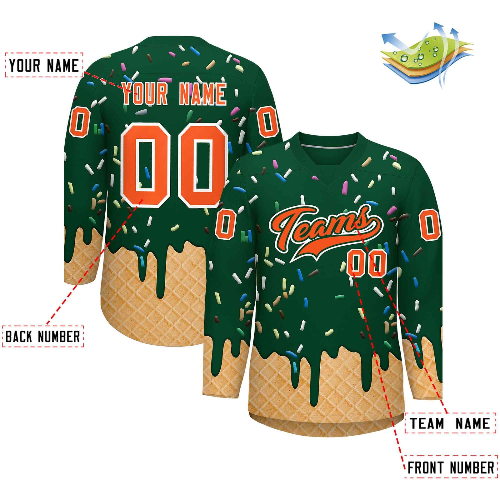 Custom Green Orange Ice Cream Pattern Personalized V-Neck Hockey Jersey
