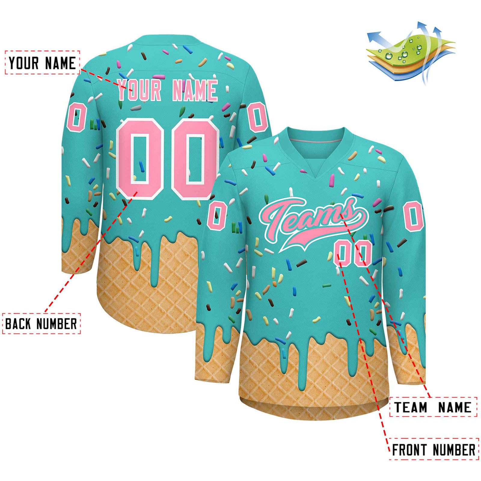 Custom Teal Light Pink Ice Cream Pattern Personalized V-Neck Hockey Jersey