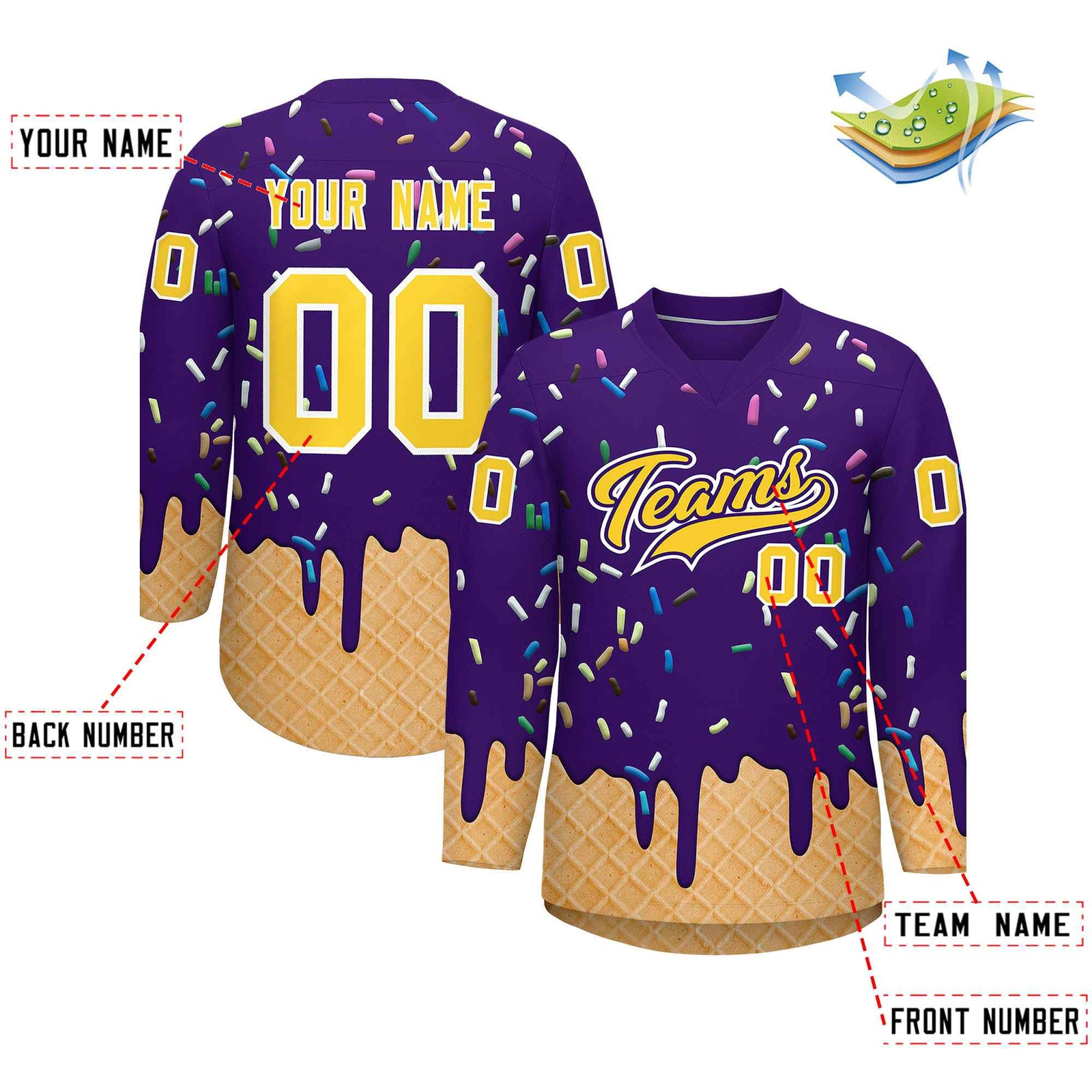 Custom Purple Gold Ice Cream Pattern Personalized V-Neck Hockey Jersey