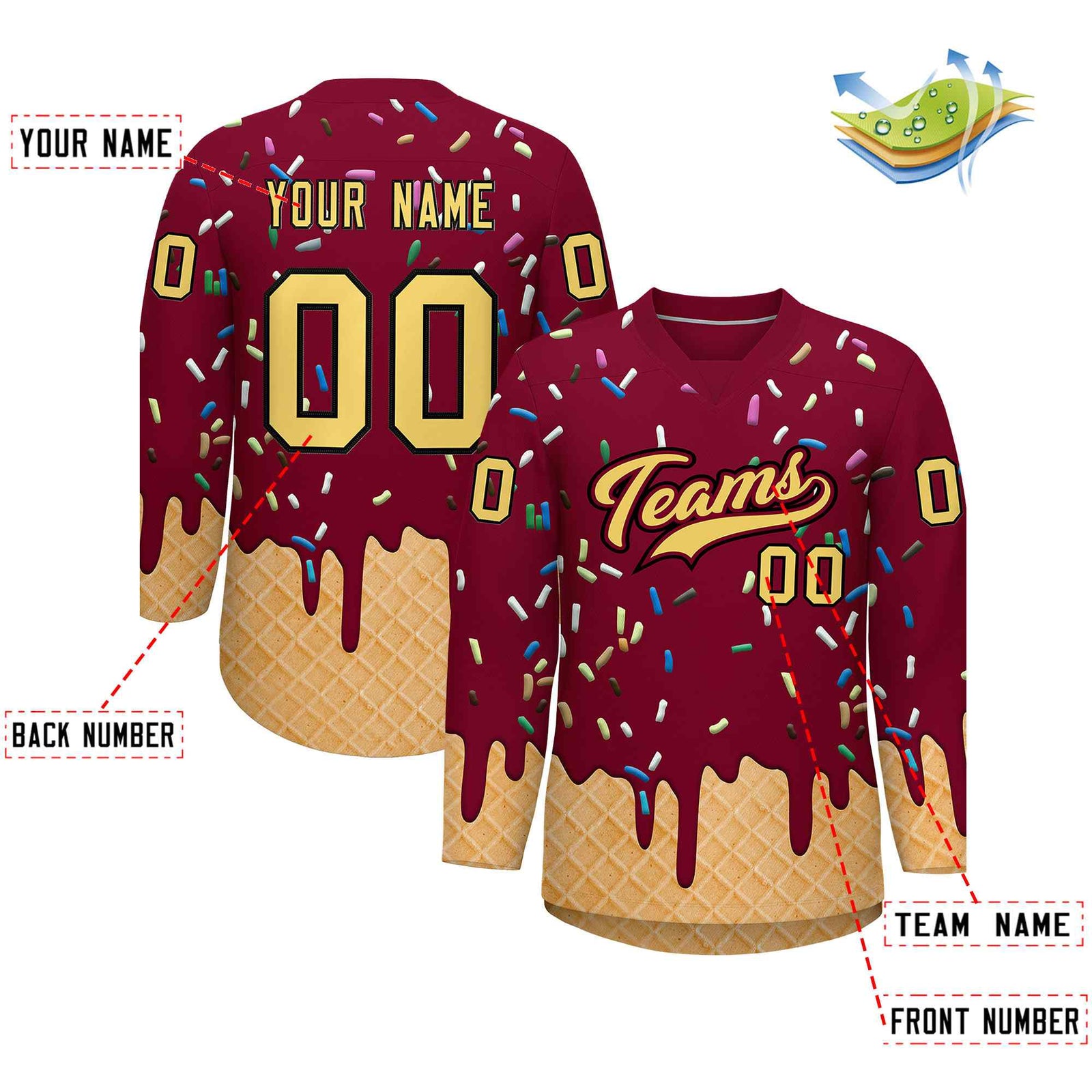 Custom Crimson Khaki Ice Cream Pattern Personalized V-Neck Hockey Jersey