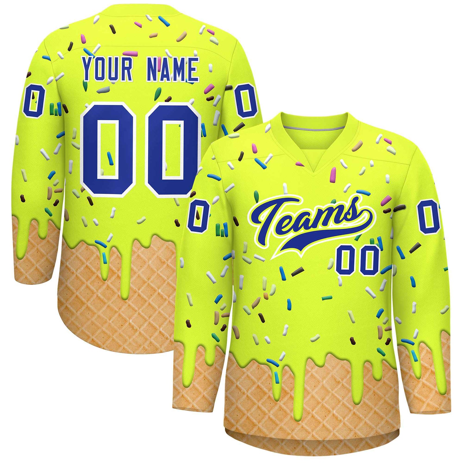 Custom Fluorescent Green Royal Blue Ice Cream Pattern Personalized V-Neck Hockey Jersey
