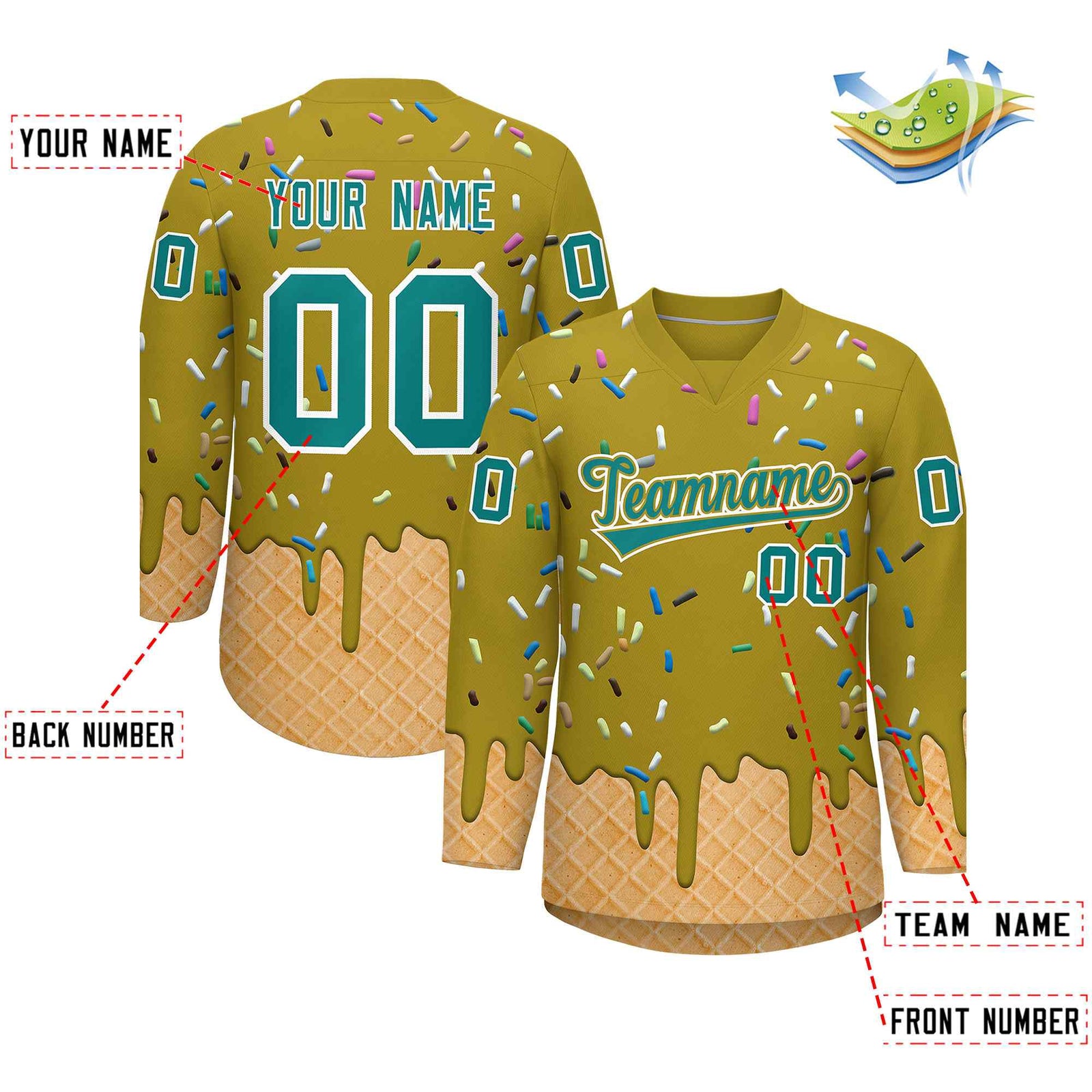 Custom Old Gold Teal Ice Cream Pattern Personalized V-Neck Hockey Jersey| KXKSHOP