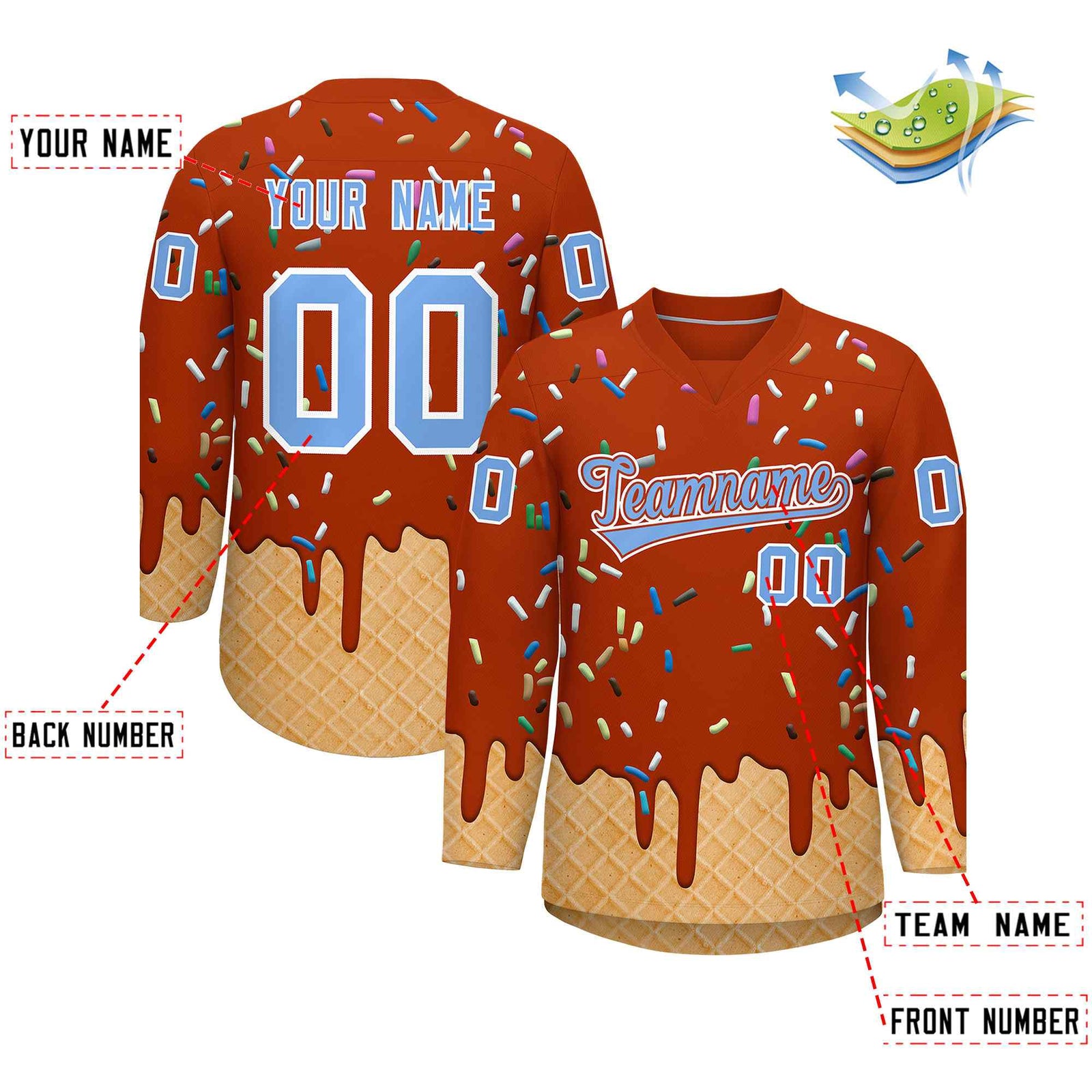 Custom Dark Orange Light Blue Ice Cream Pattern Personalized V-Neck Hockey Jersey| KXKSHOP