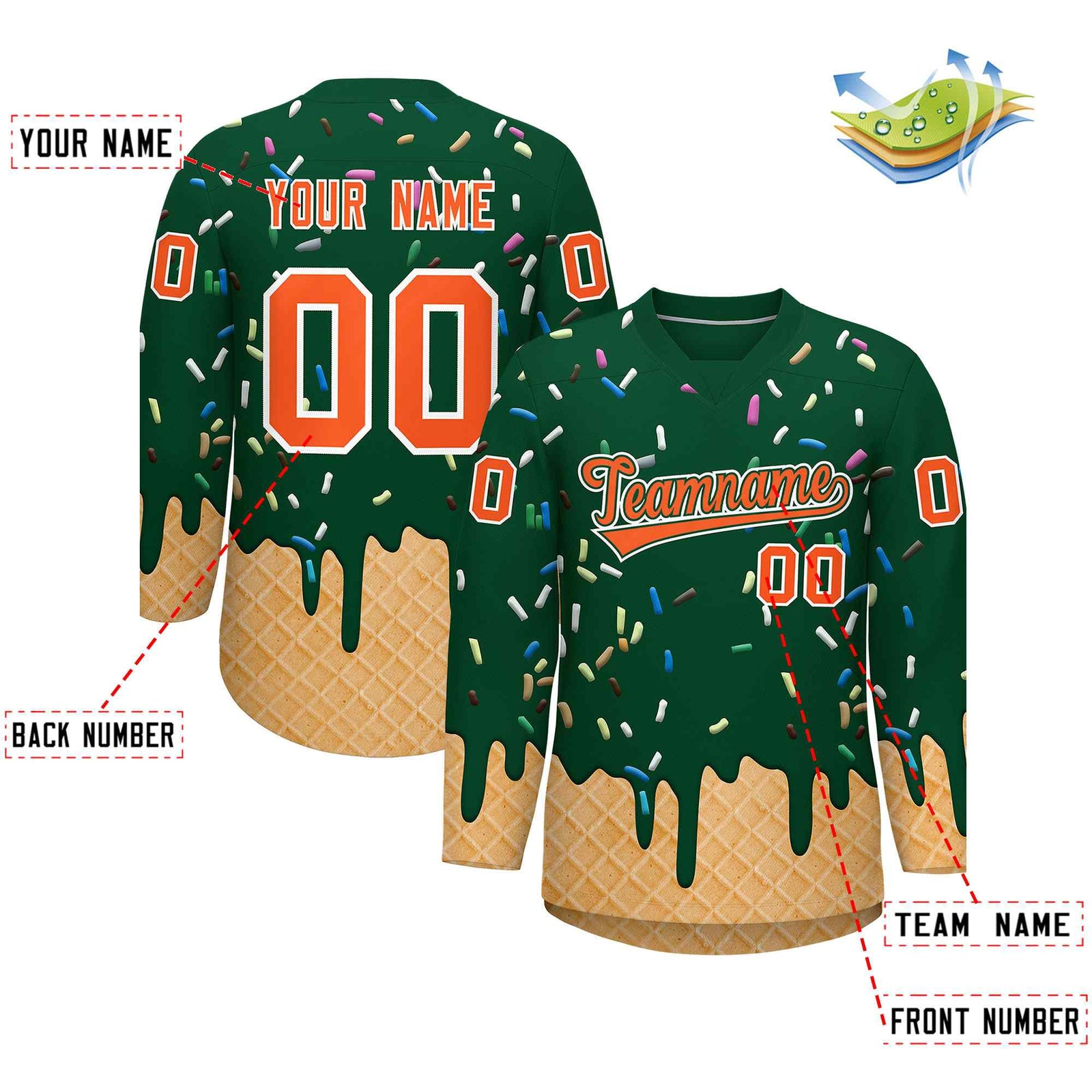 Custom Green Orange Ice Cream Pattern Personalized V-Neck Hockey Jersey| KXKSHOP