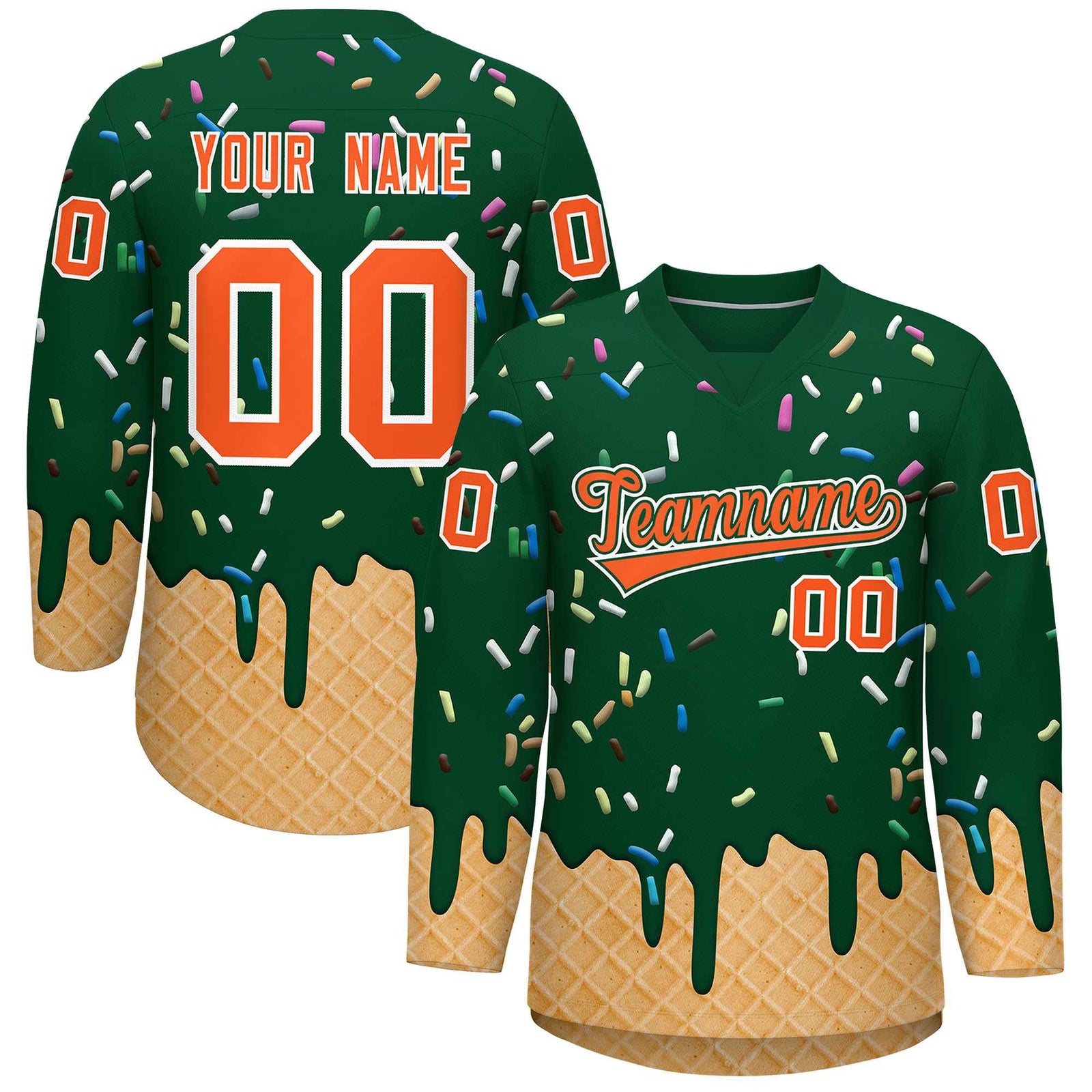 Custom Green Orange Ice Cream Pattern Personalized V-Neck Hockey Jersey| KXKSHOP
