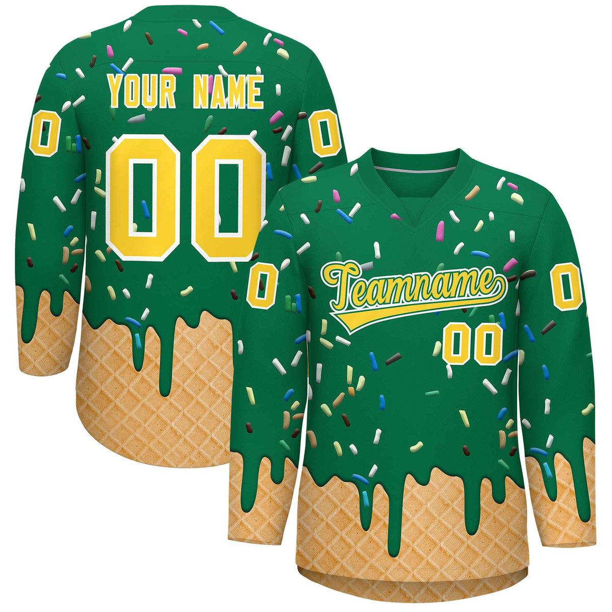 Custom Kelly Green Gold Ice Cream Pattern Personalized V-Neck Hockey Jersey| KXKSHOP