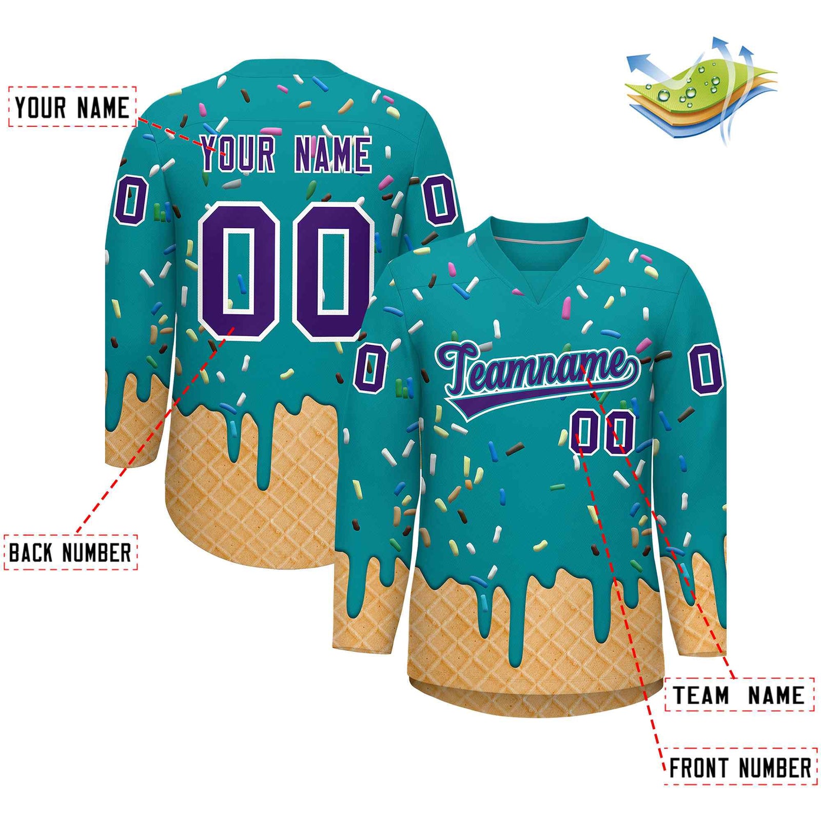 Custom Teal Purple Ice Cream Pattern Personalized V-Neck Hockey Jersey| KXKSHOP