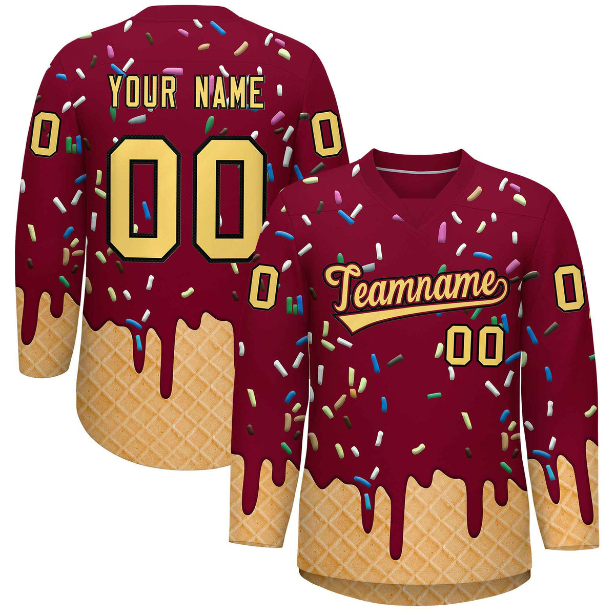 Custom Crimson Khaki Ice Cream Pattern Personalized V-Neck Hockey Jersey| KXKSHOP