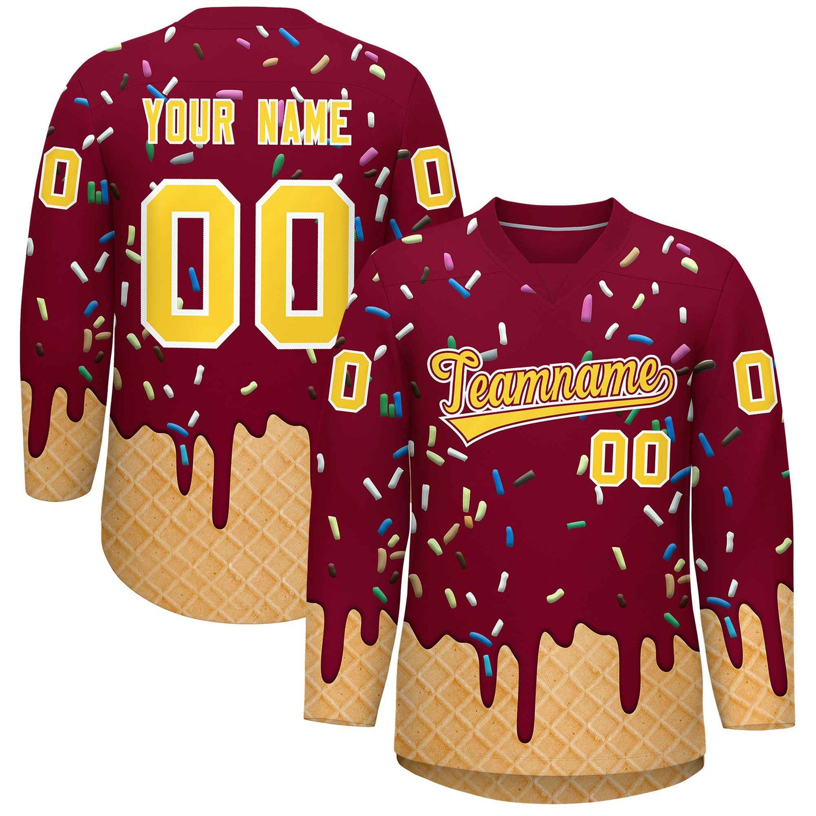 Custom Crimson Gold Ice Cream Pattern Personalized V-Neck Hockey Jersey| KXKSHOP