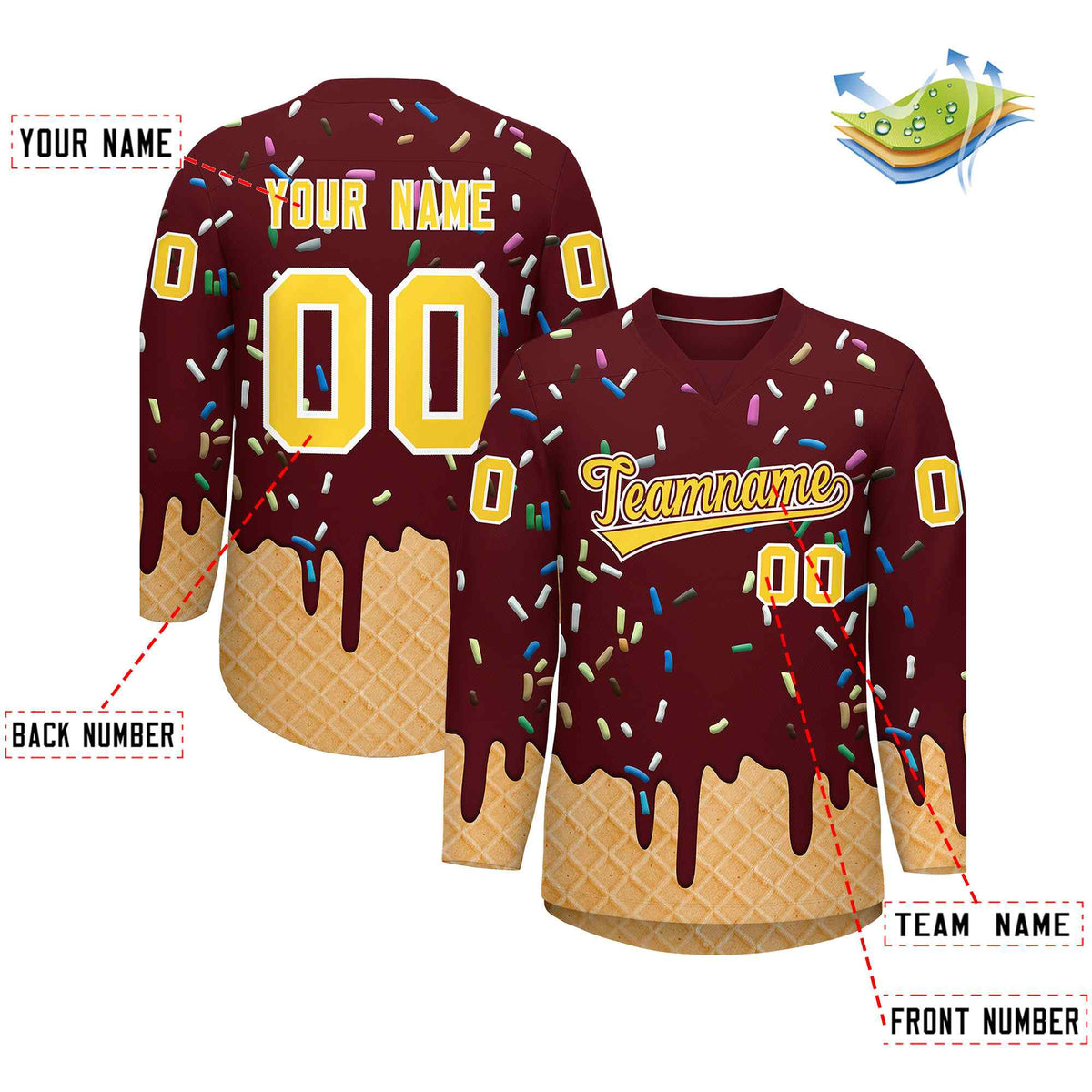 Custom Burgundy Gold Ice Cream Pattern Personalized V-Neck Hockey Jersey| KXKSHOP