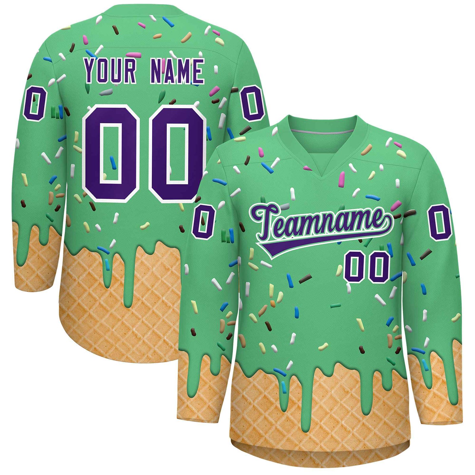 Custom Neon Green Purple Ice Cream Pattern Personalized V-Neck Hockey Jersey| KXKSHOP