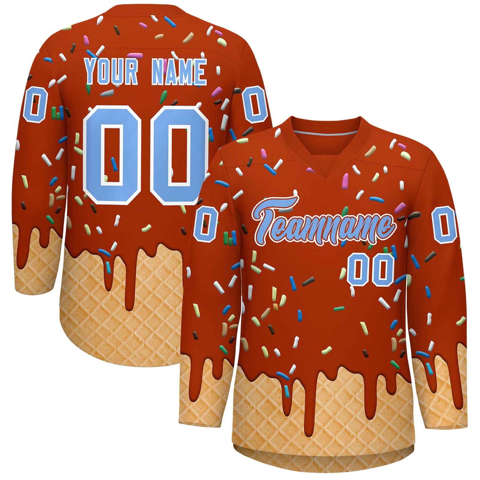 Custom Dark Orange Light Blue Ice Cream Pattern Personalized V-Neck Hockey Jersey