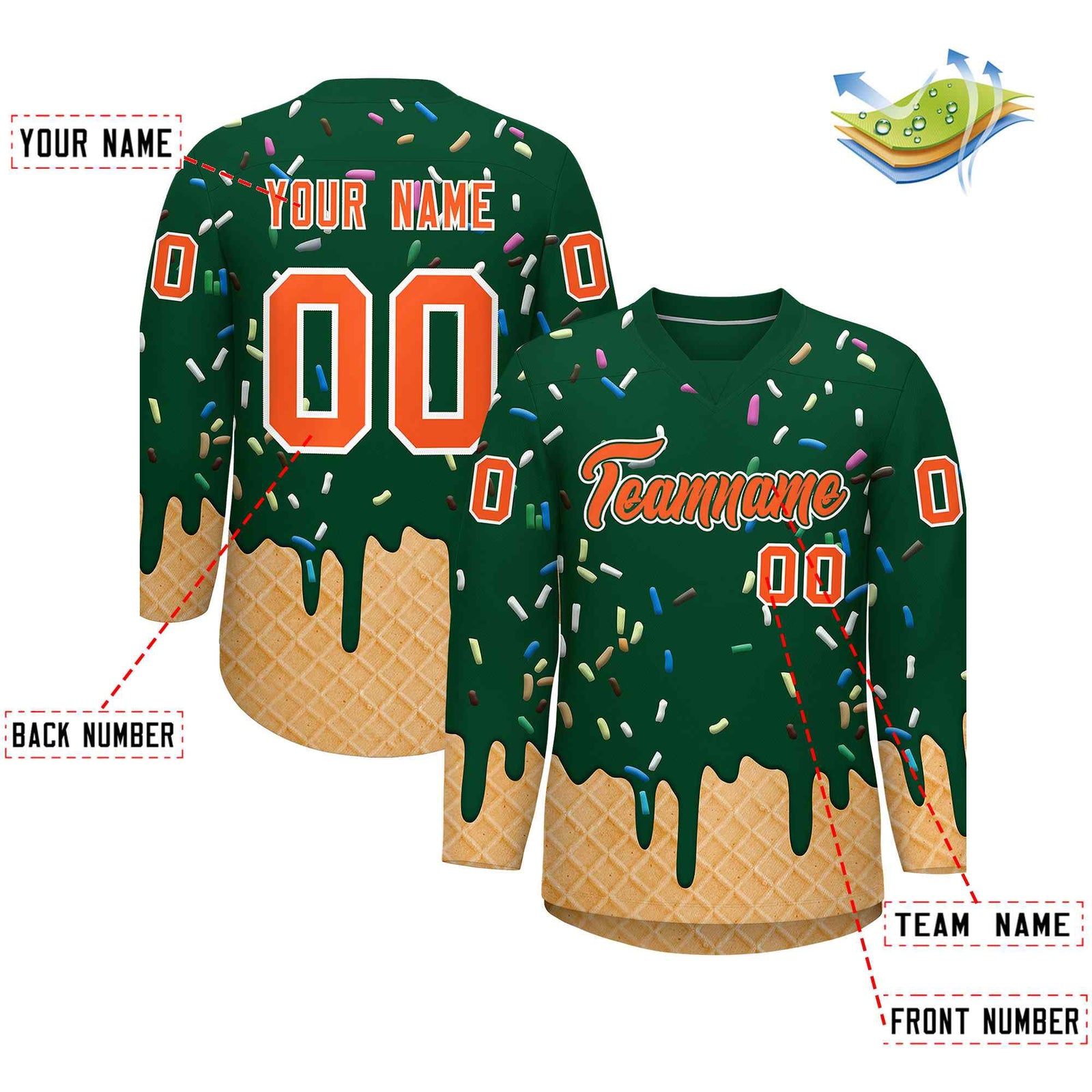 Custom Green Orange Ice Cream Pattern Personalized V-Neck Hockey Jersey