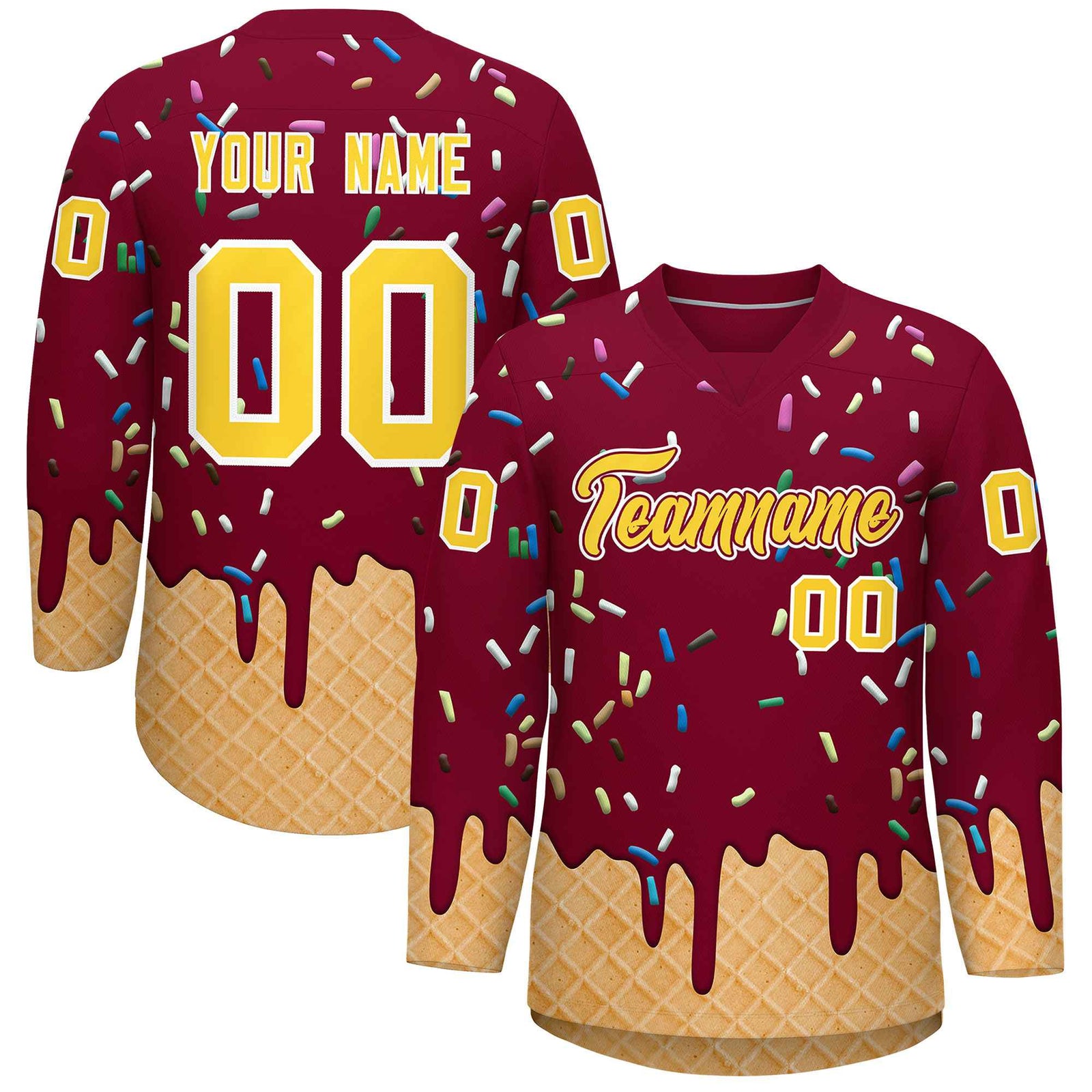 Custom Crimson Gold Ice Cream Pattern Personalized V-Neck Hockey Jersey