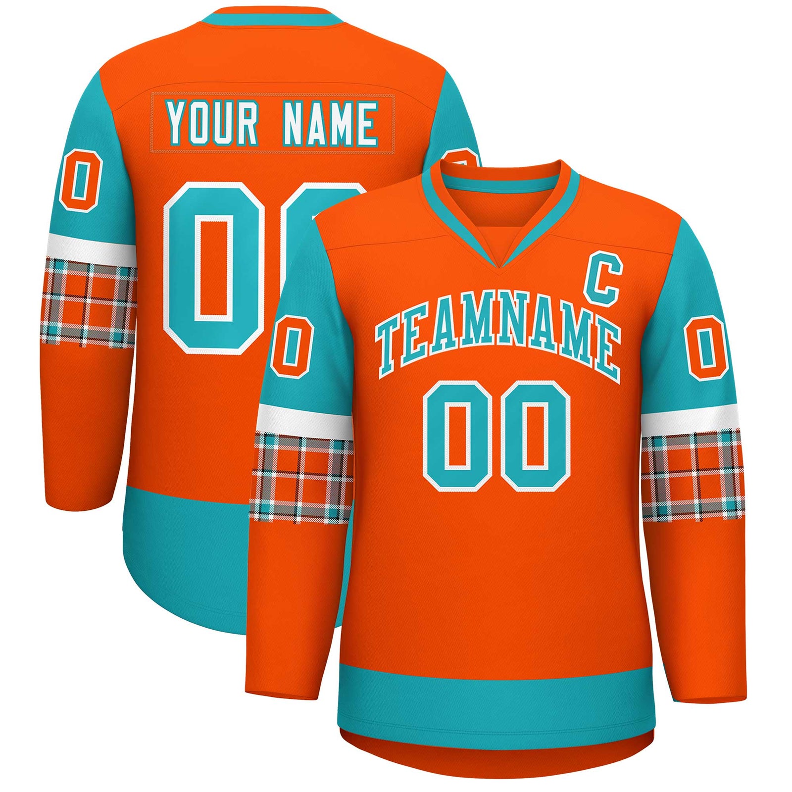 Custom Orange Aqua-Aqua Personalized Raglan Sleeves V-Neck Hockey Jersey