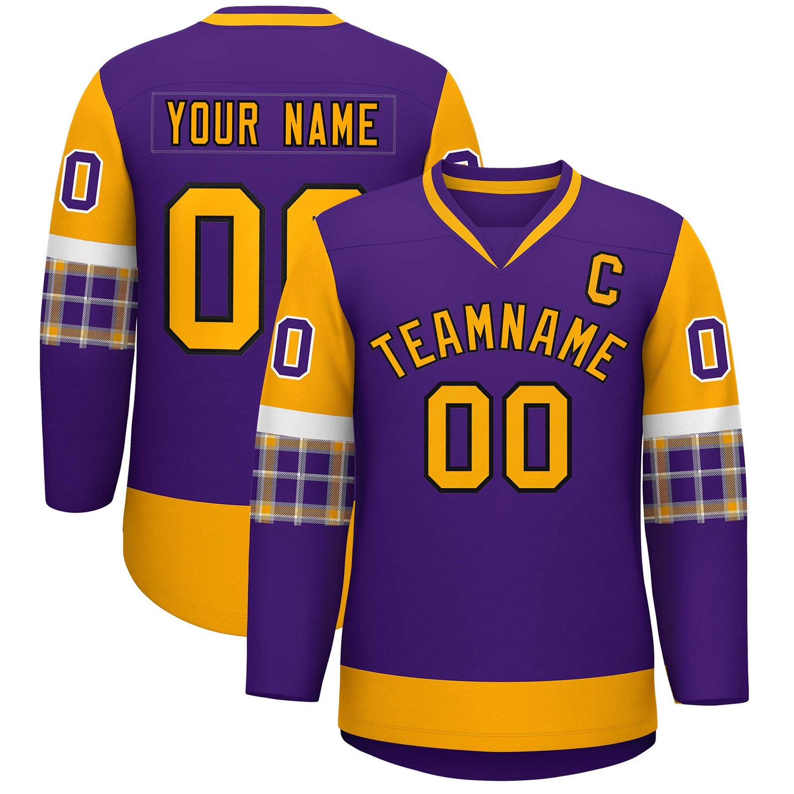 Custom Purple Yellow-Yellow Personalized Raglan Sleeves V-Neck Hockey Jersey