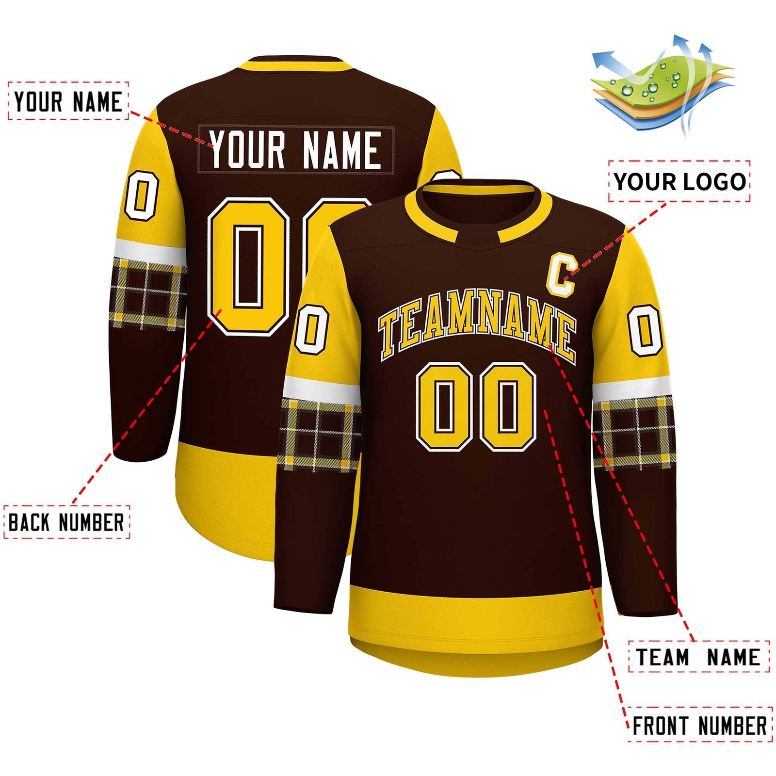 Custom Brown Gold Personalized Raglan Sleeves Round-Neck Hockey Jersey