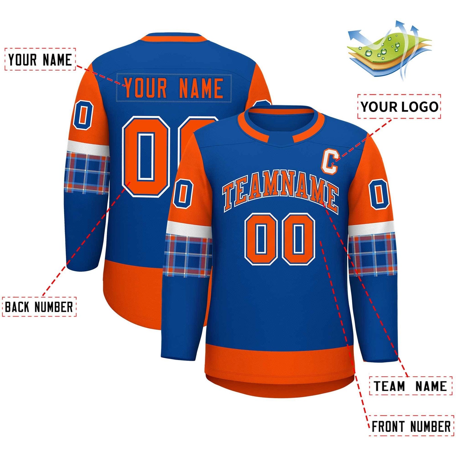 Custom Royal Orange Personalized Raglan Sleeves Round-Neck Hockey Jersey