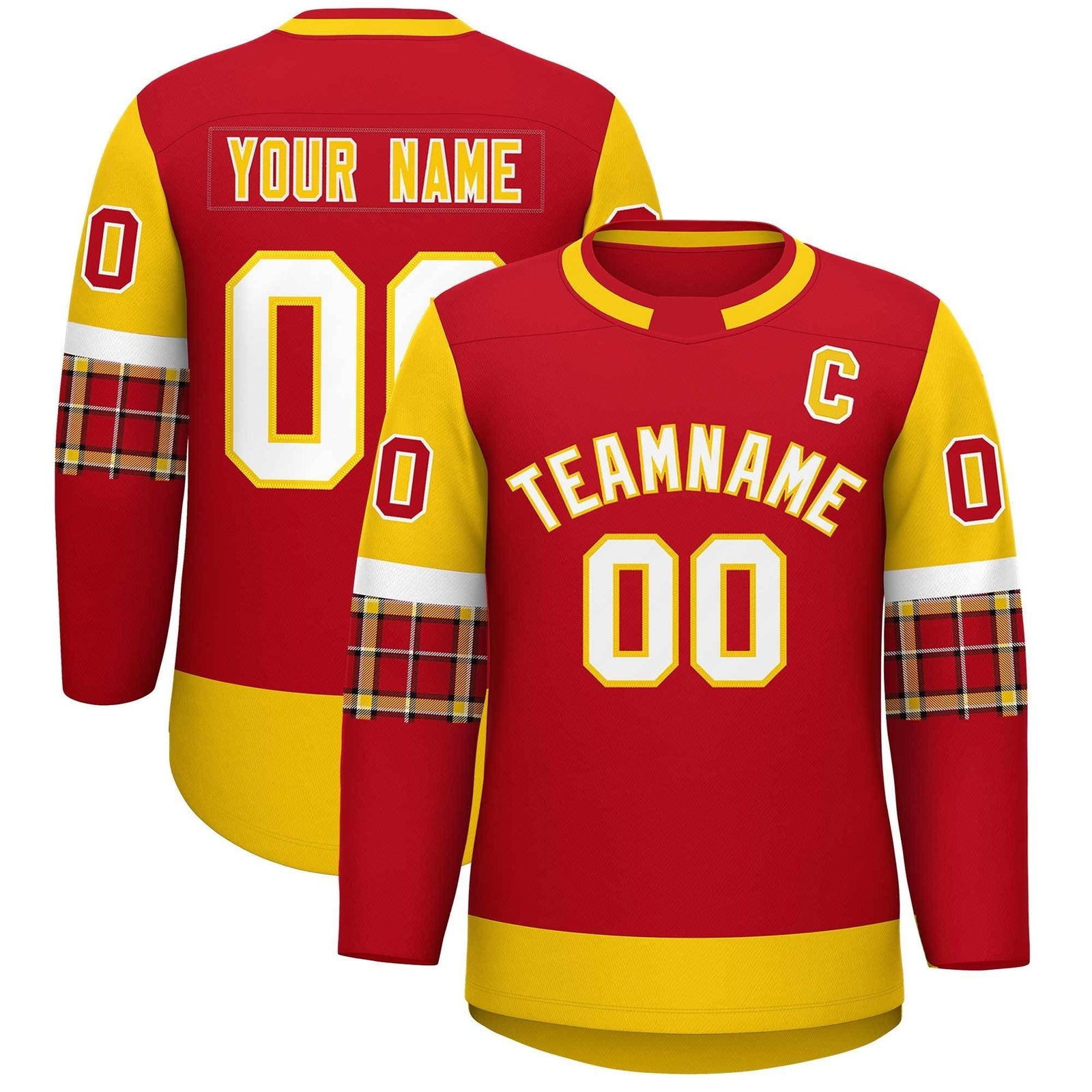 Custom Red Gold Personalized Raglan Sleeves Round-Neck Hockey Jersey