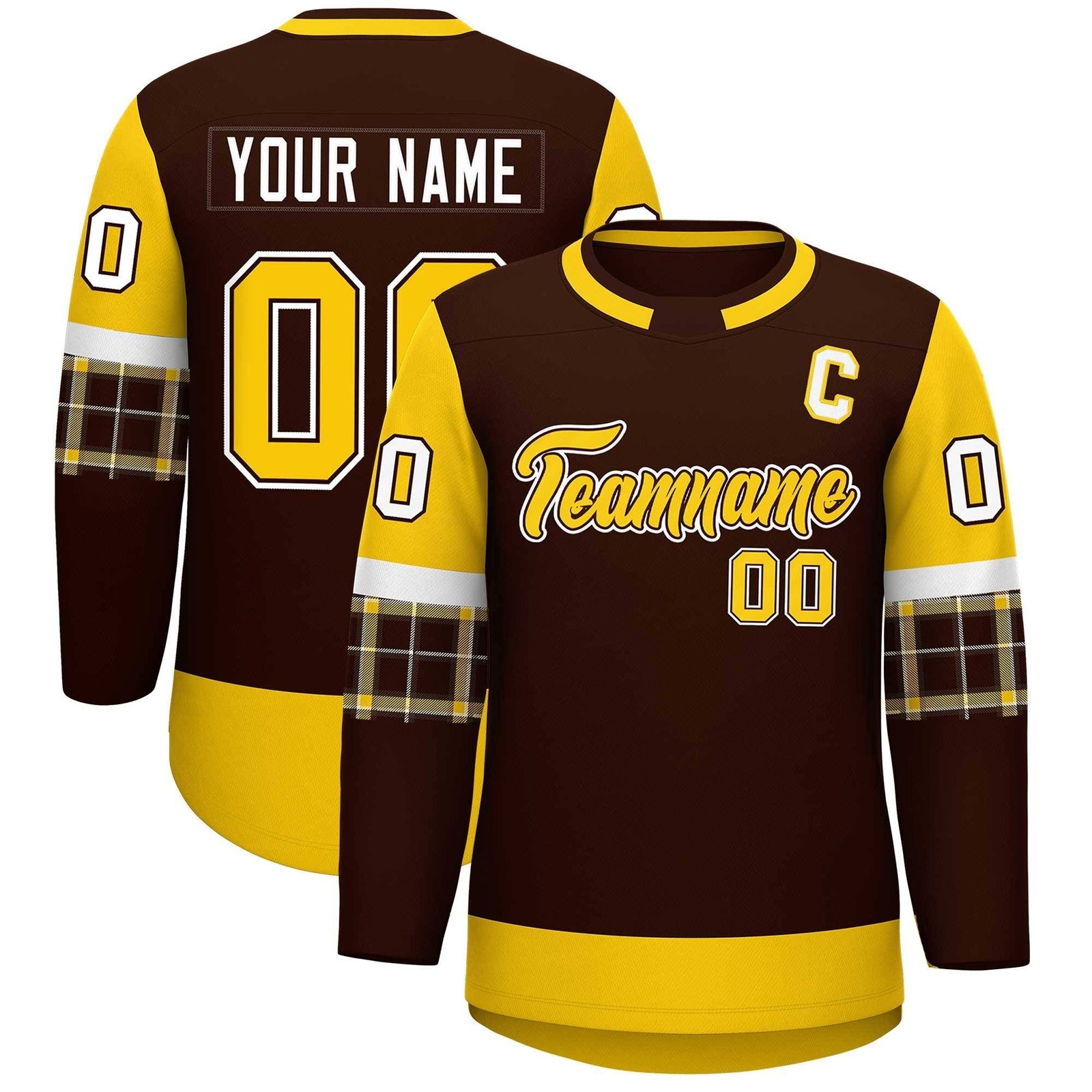 Custom Brown Gold Personalized Raglan Sleeves Round-Neck Hockey Jersey