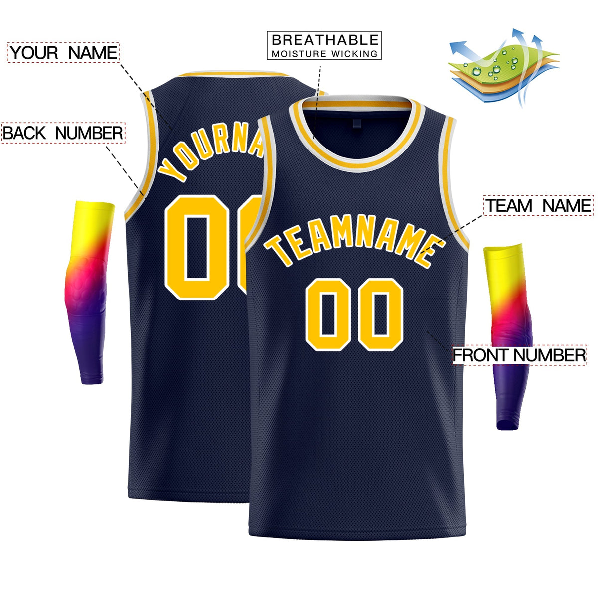Custom Navy Yellow-White Classic Tops Fashion Basketball Jersey