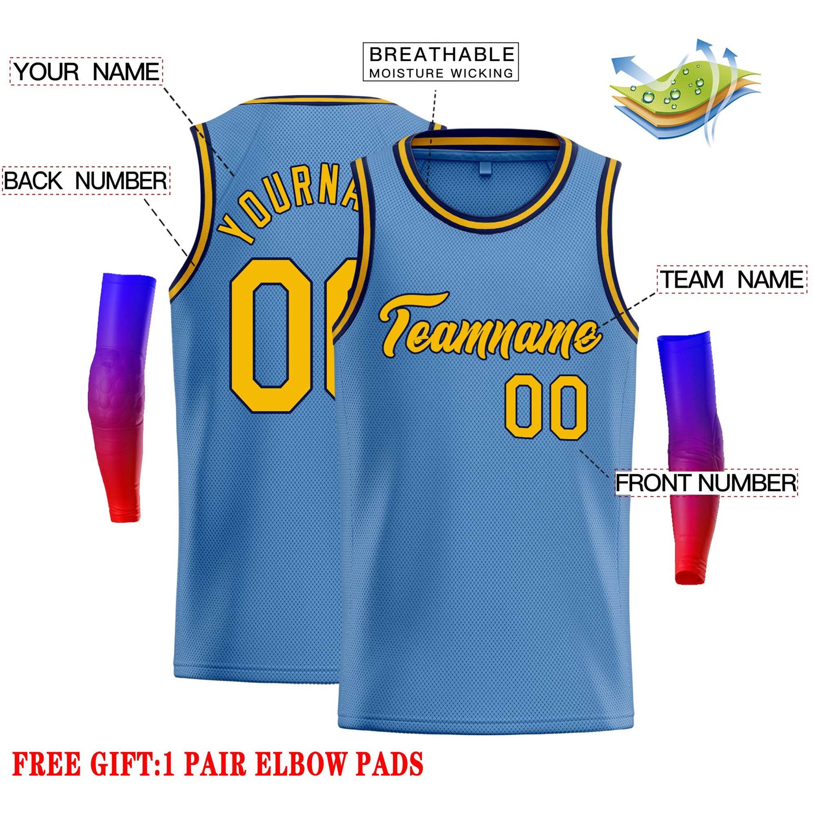 Custom Light Blue Yellow-Navy Classic Tops Casual Basketball Jersey
