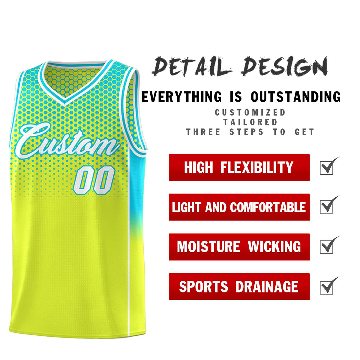 Custom Fluorescent Green Sky Blue Reversible Side Gradient Sports Uniform Dot Pattern Basketball Jersey Kits