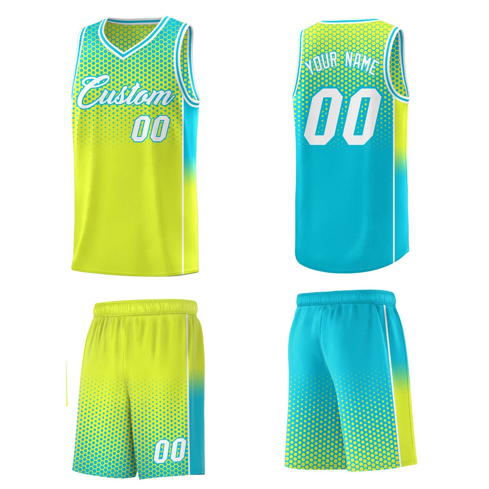 Custom Fluorescent Green Sky Blue Reversible Side Gradient Sports Uniform Dot Pattern Basketball Jersey Kits