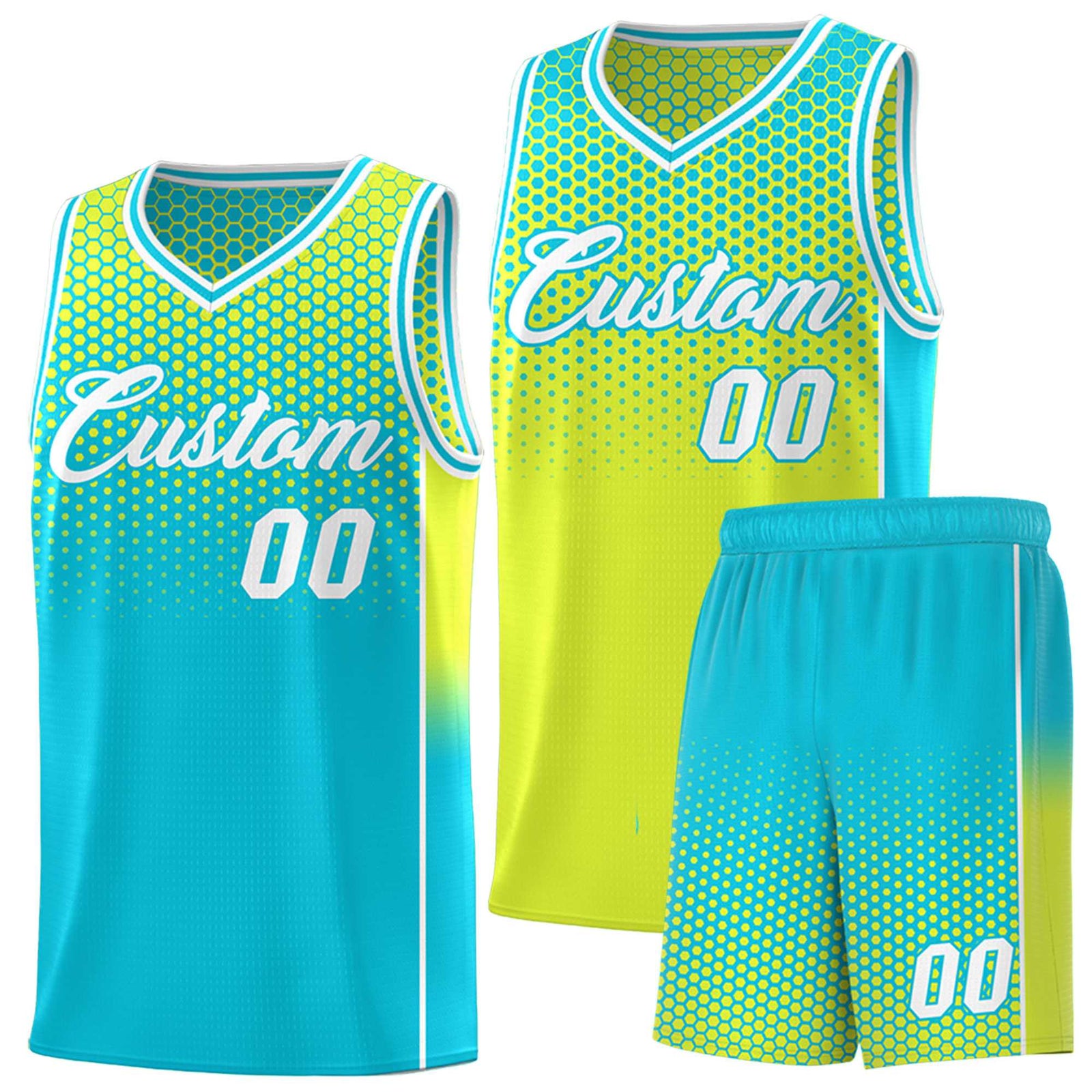 Custom Fluorescent Green Sky Blue Reversible Side Gradient Sports Uniform Dot Pattern Basketball Jersey Kits