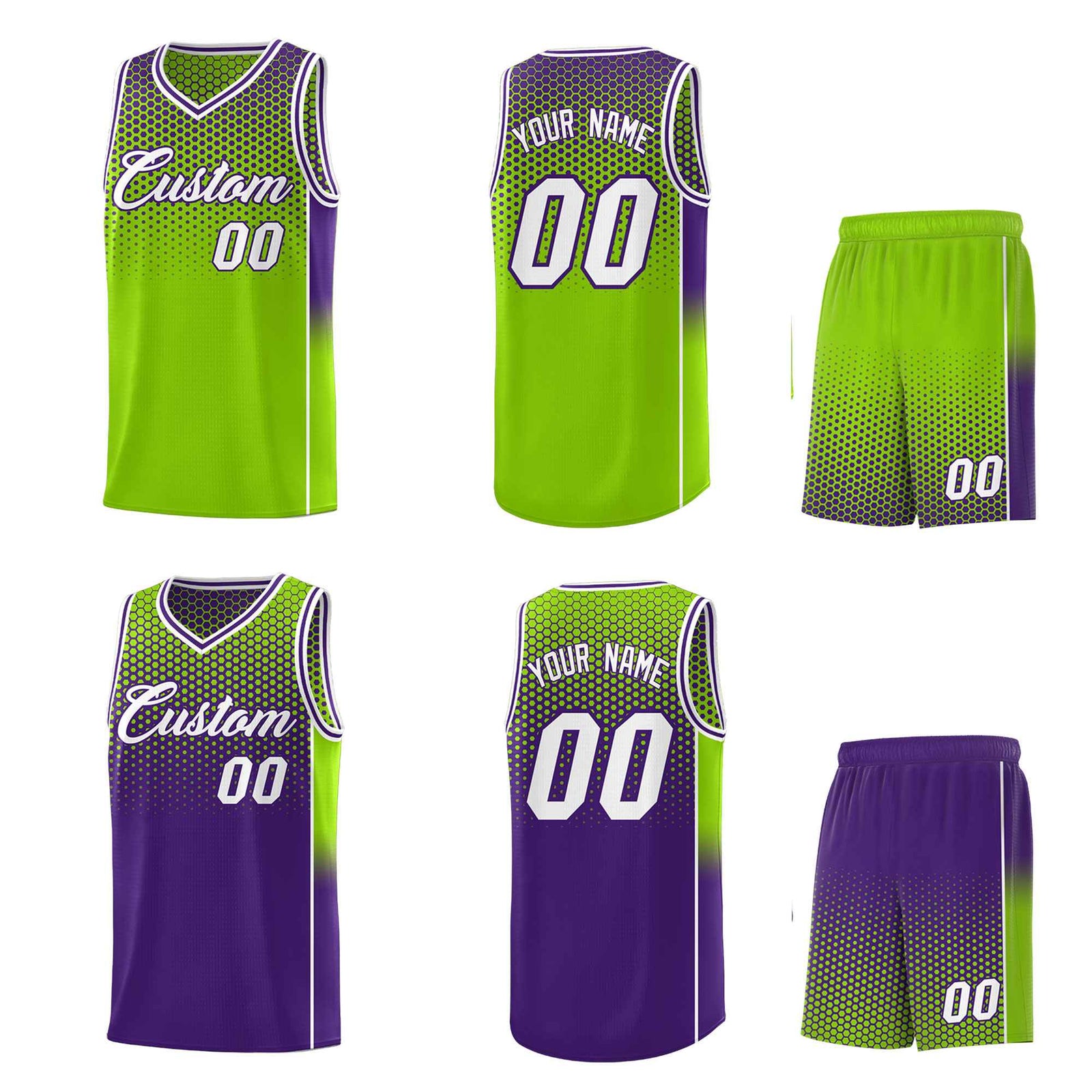 Custom Neon Green Purple Reversible Side Gradient Sports Uniform Dot Pattern Basketball Jersey Kits