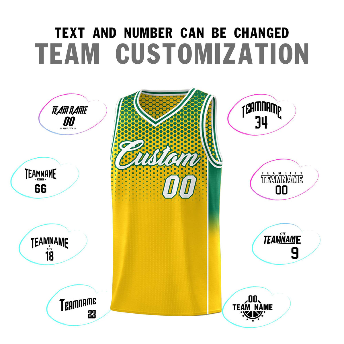 Custom Gold Kelly Green Reversible Side Gradient Sports Uniform Dot Pattern Basketball Jersey Kits