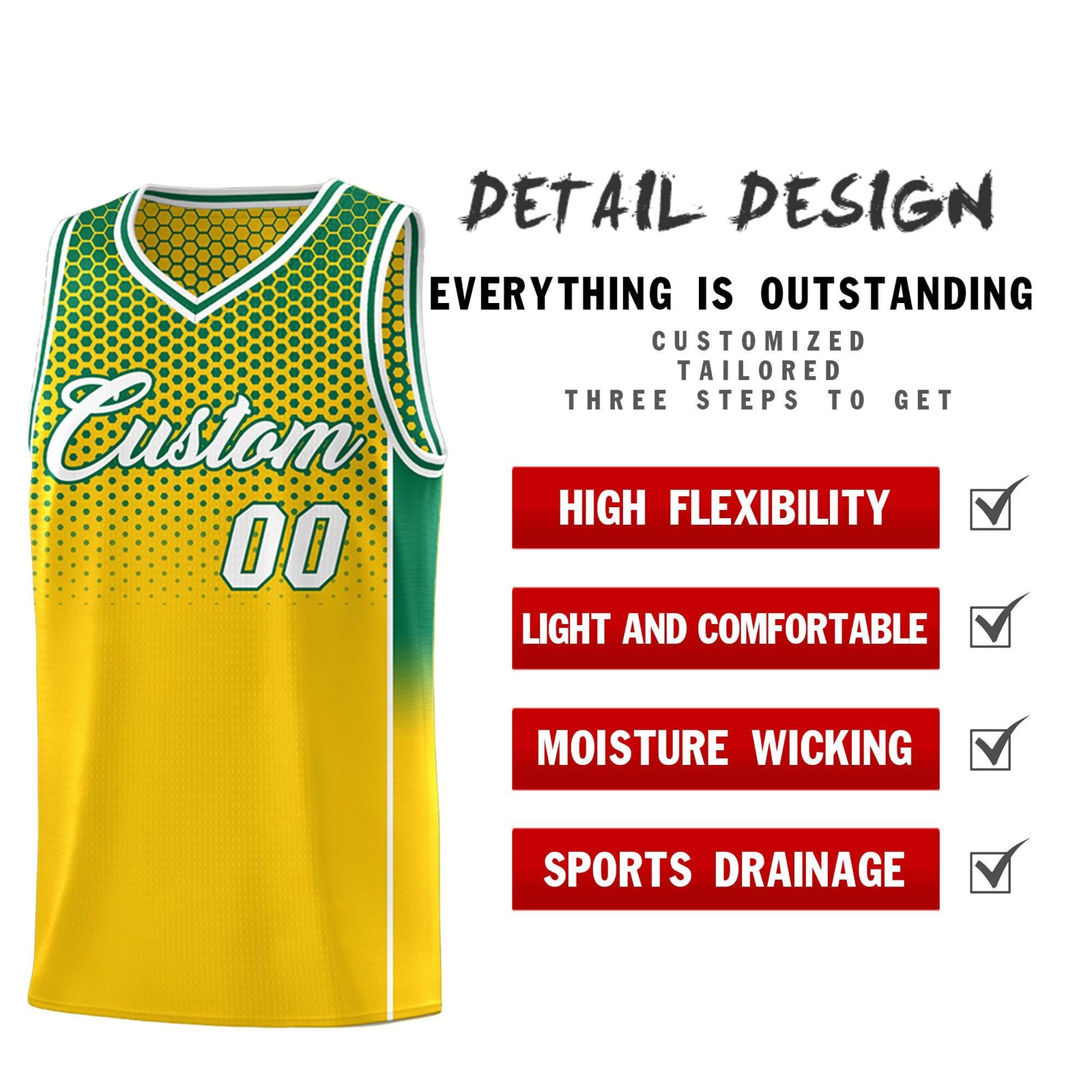 Custom Gold Kelly Green Reversible Side Gradient Sports Uniform Dot Pattern Basketball Jersey Kits