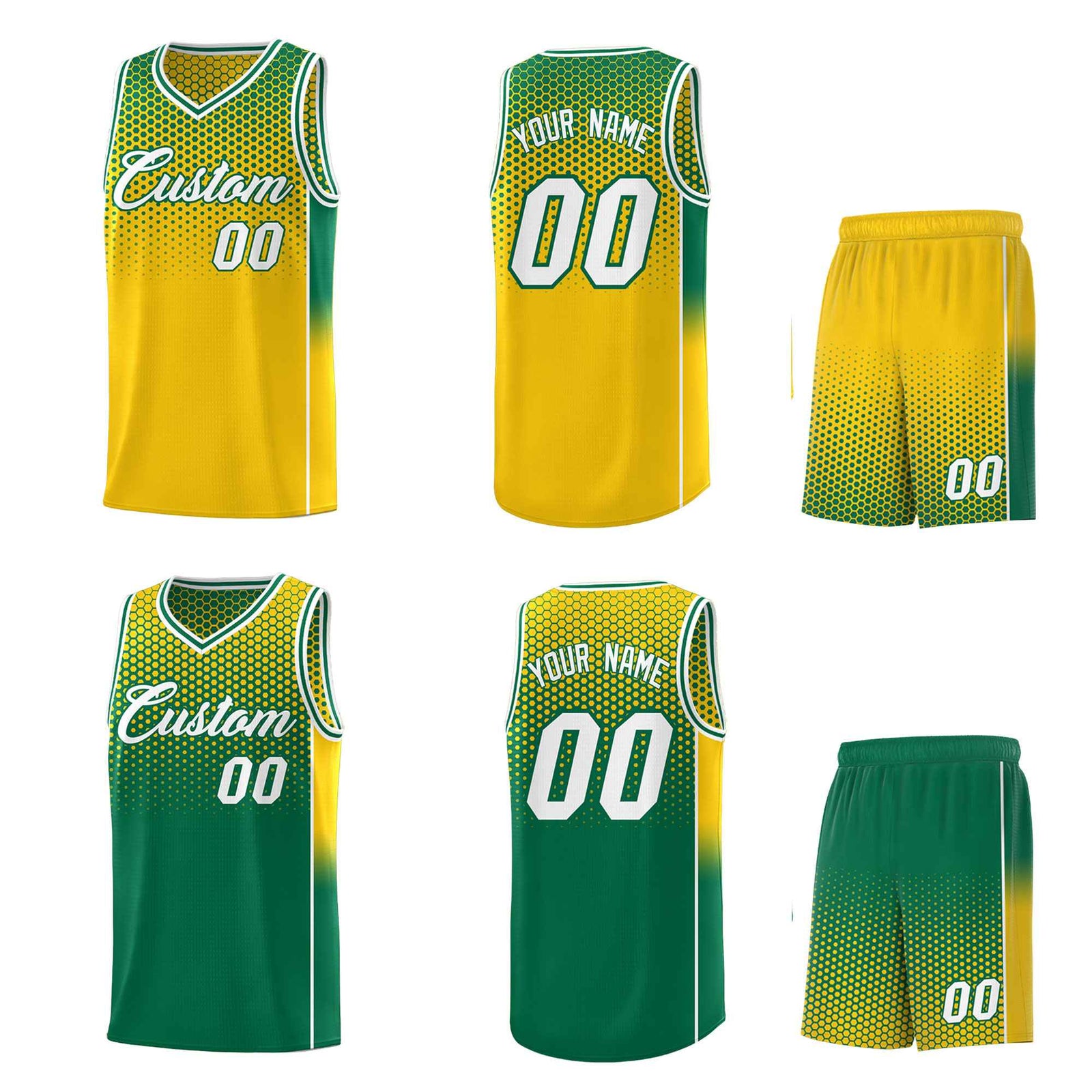 Custom Gold Kelly Green Reversible Side Gradient Sports Uniform Dot Pattern Basketball Jersey Kits