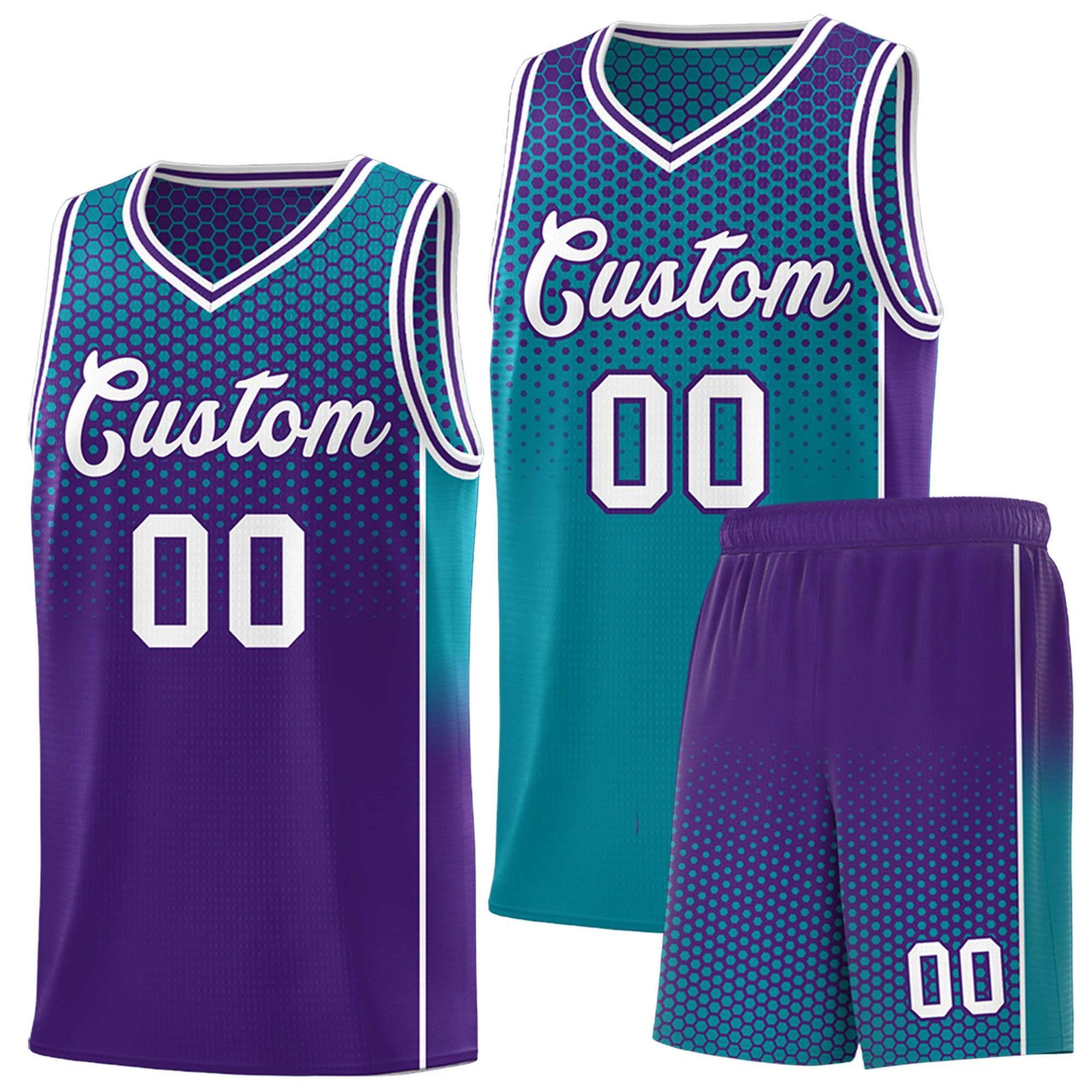 Custom Teal Purple Reversible Side Gradient Sports Uniform Dot Pattern Basketball Jersey Kits