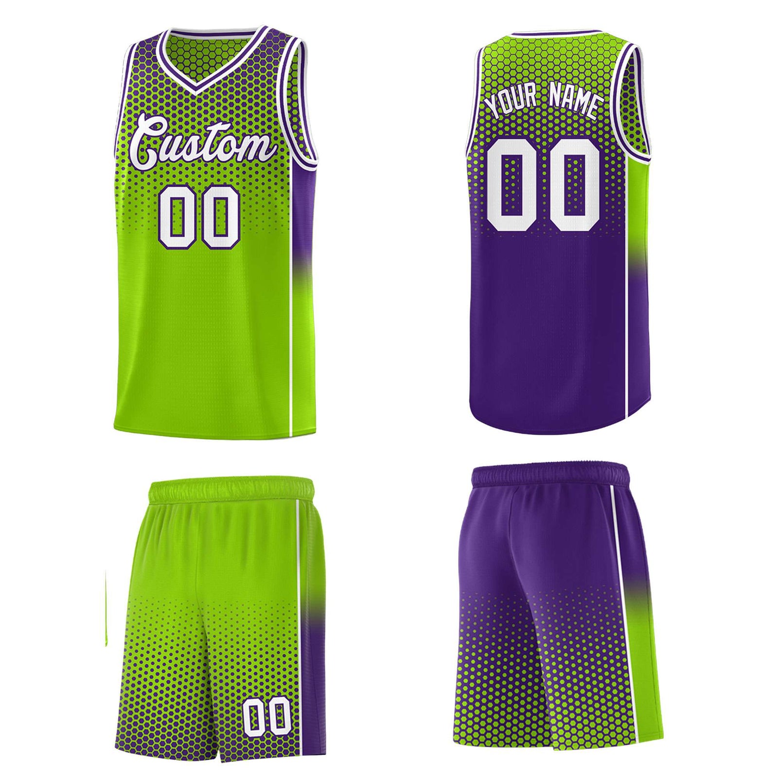 Custom Neon Green Purple Reversible Side Gradient Sports Uniform Dot Pattern Basketball Jersey Kits
