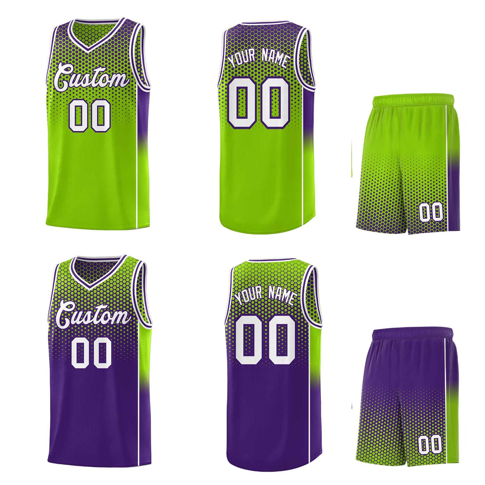 Custom Neon Green Purple Reversible Side Gradient Sports Uniform Dot Pattern Basketball Jersey Kits