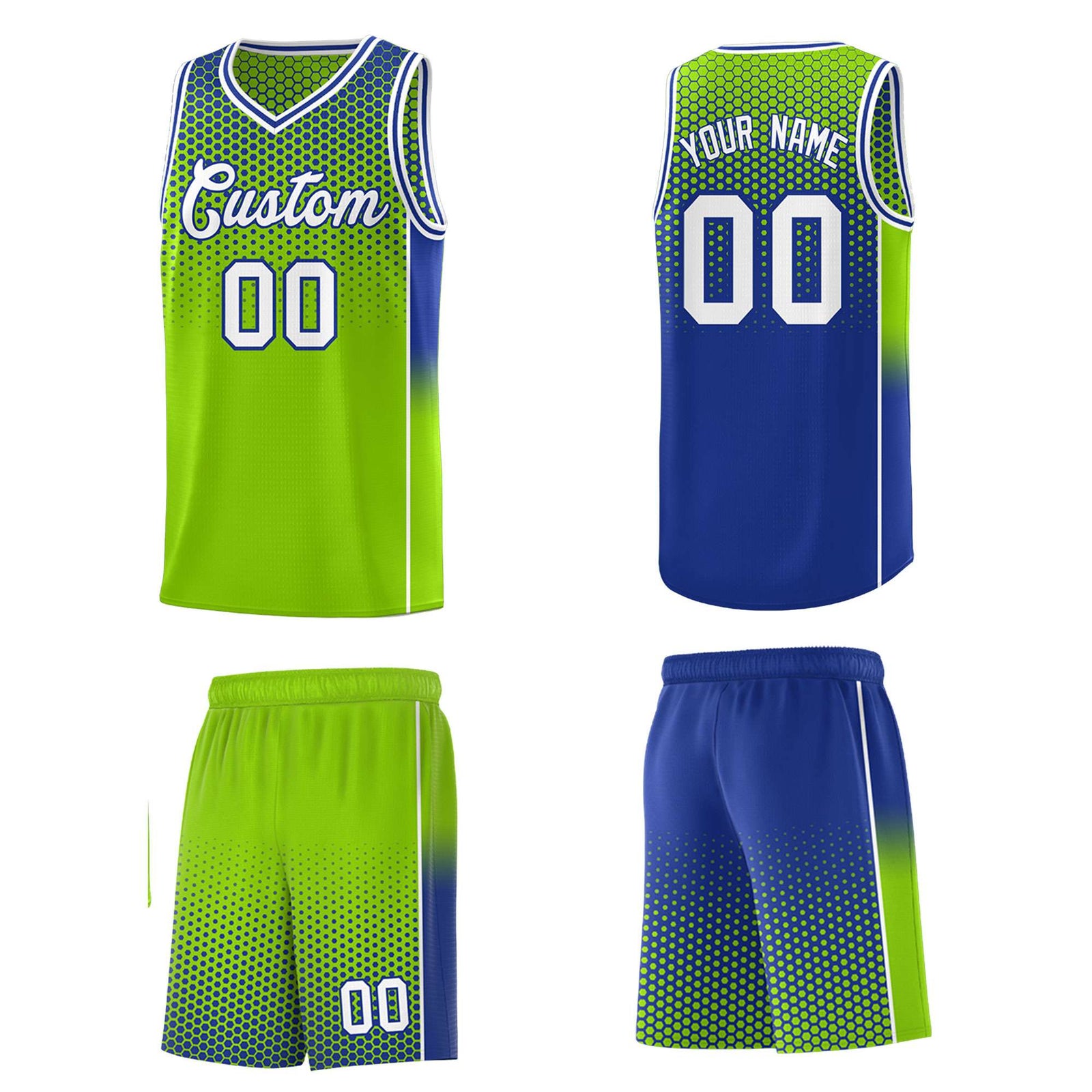 Custom Neon Green Royal Reversible Side Gradient Sports Uniform Dot Pattern Basketball Jersey Kits